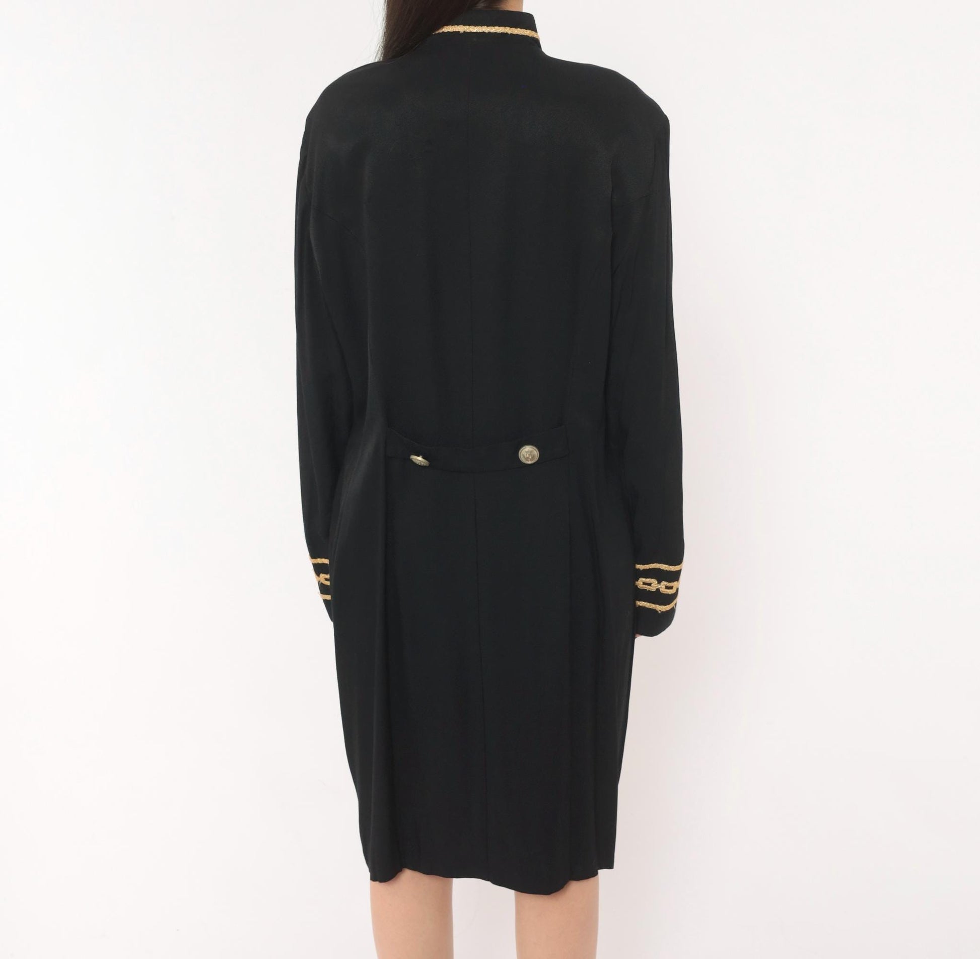 90s Marnie West Military Coat Dress Black Gold Chain Mandarin Collar Large L