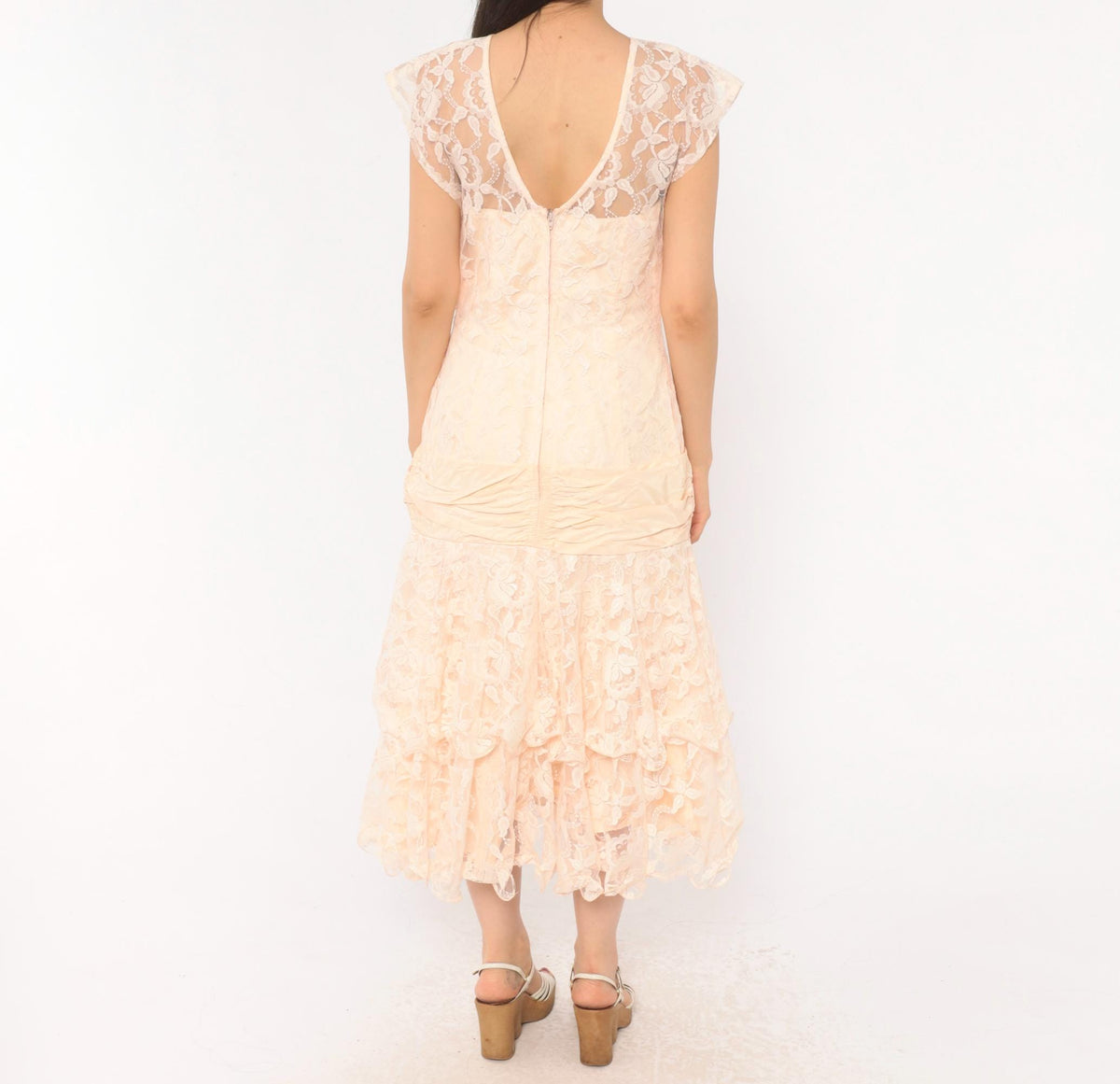 80s Peach Lace Midi Dress Drop Waist Sweetheart Neckline Cap Sleeve Small S