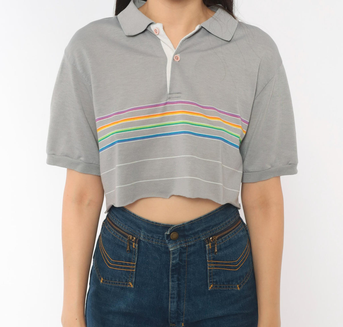 80s Rainbow Stripe Crop Polo Grey Cotton Short Sleeve Medium M