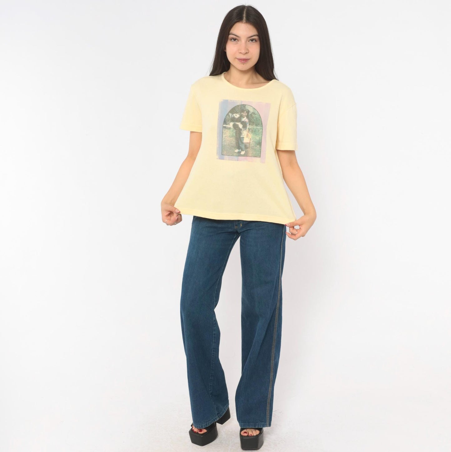 90s Basic Editions Panda Photo Print Tee Butter Yellow Heart Graphic Small