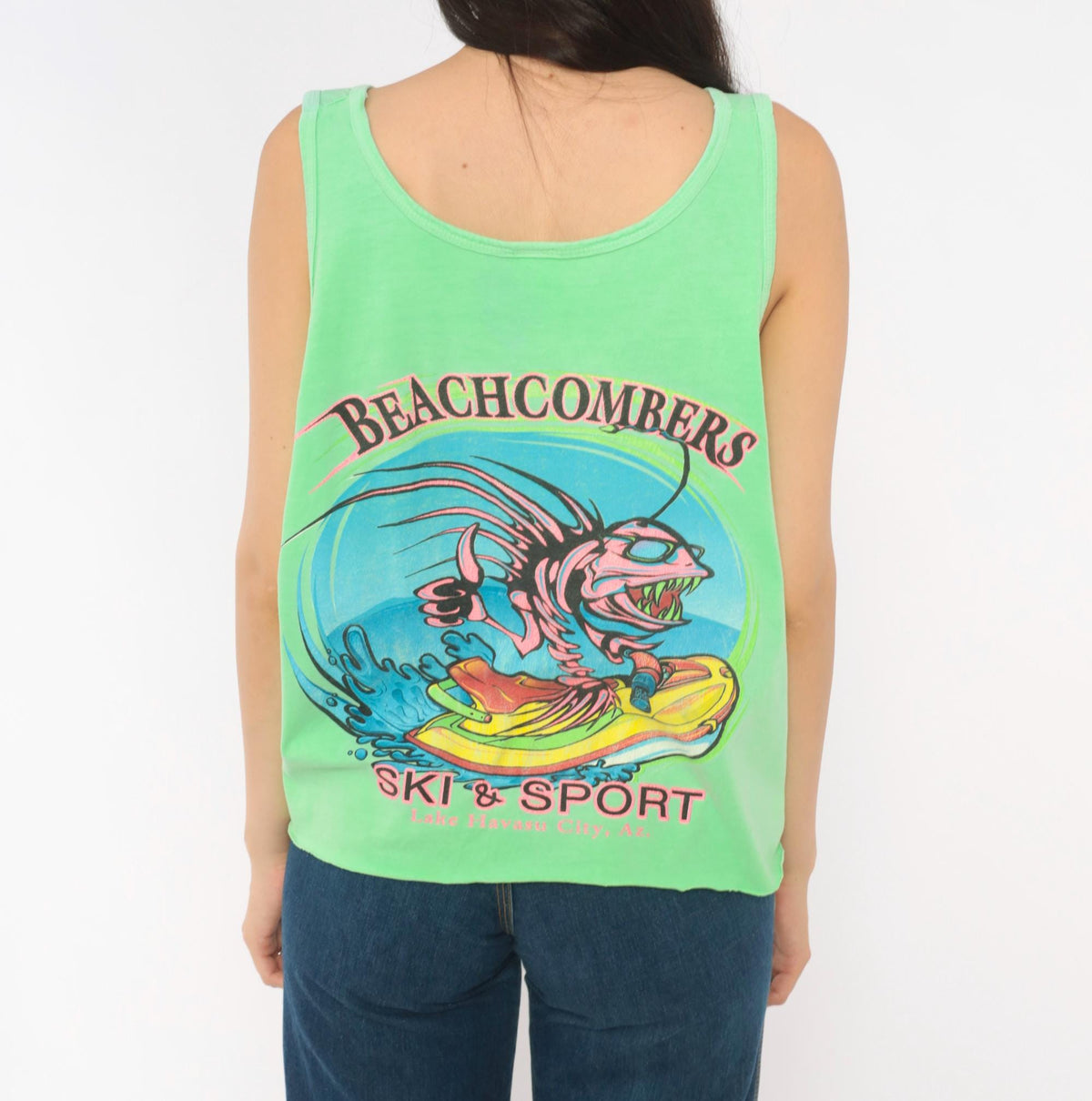 90s Authentic Pigment Neon Green Tank Top Jet Ski Graphic Lake Havasu Large