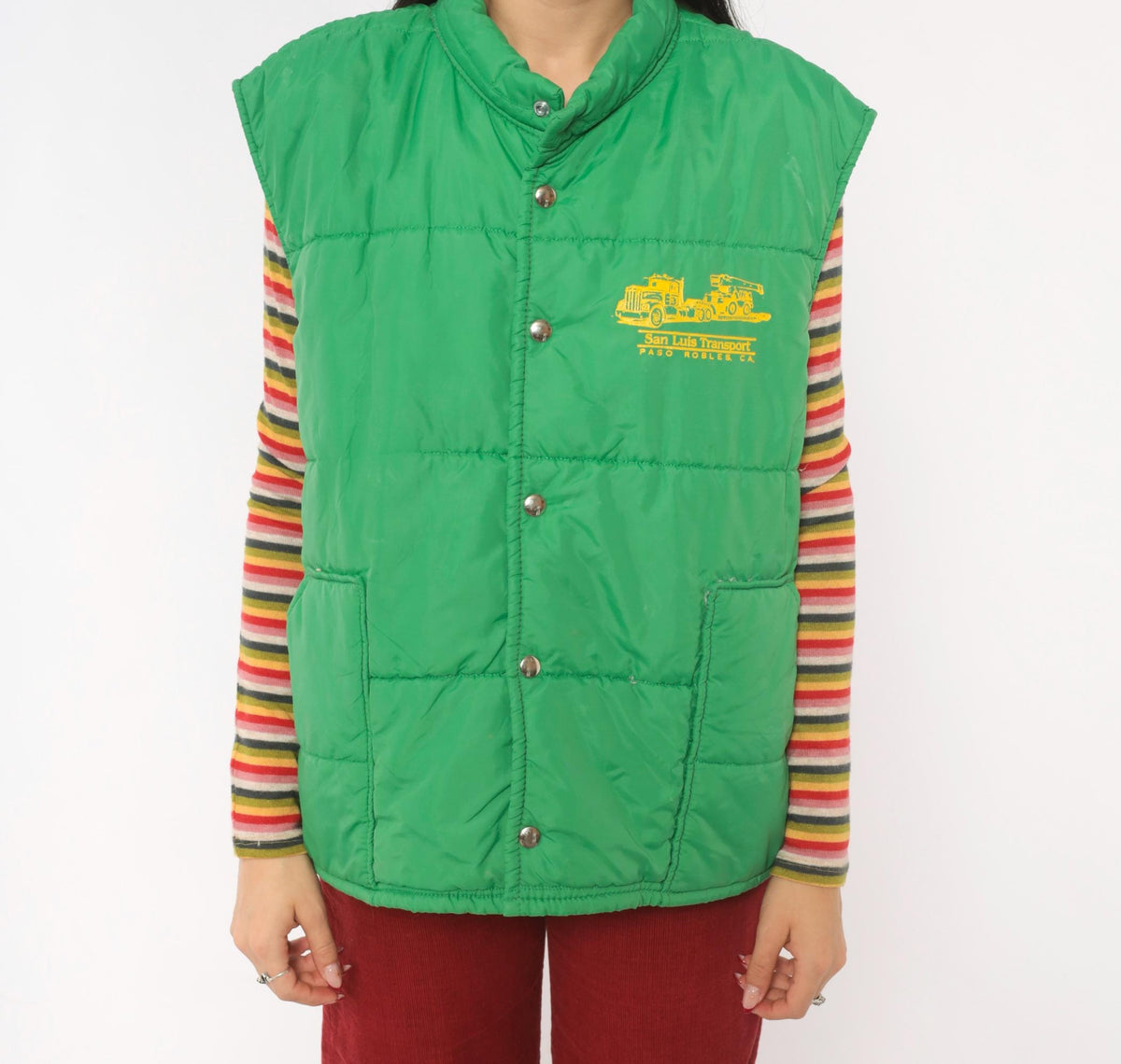 80s Green Puffer Vest San Luis Transport Graphic Snap Front Quilted Medium