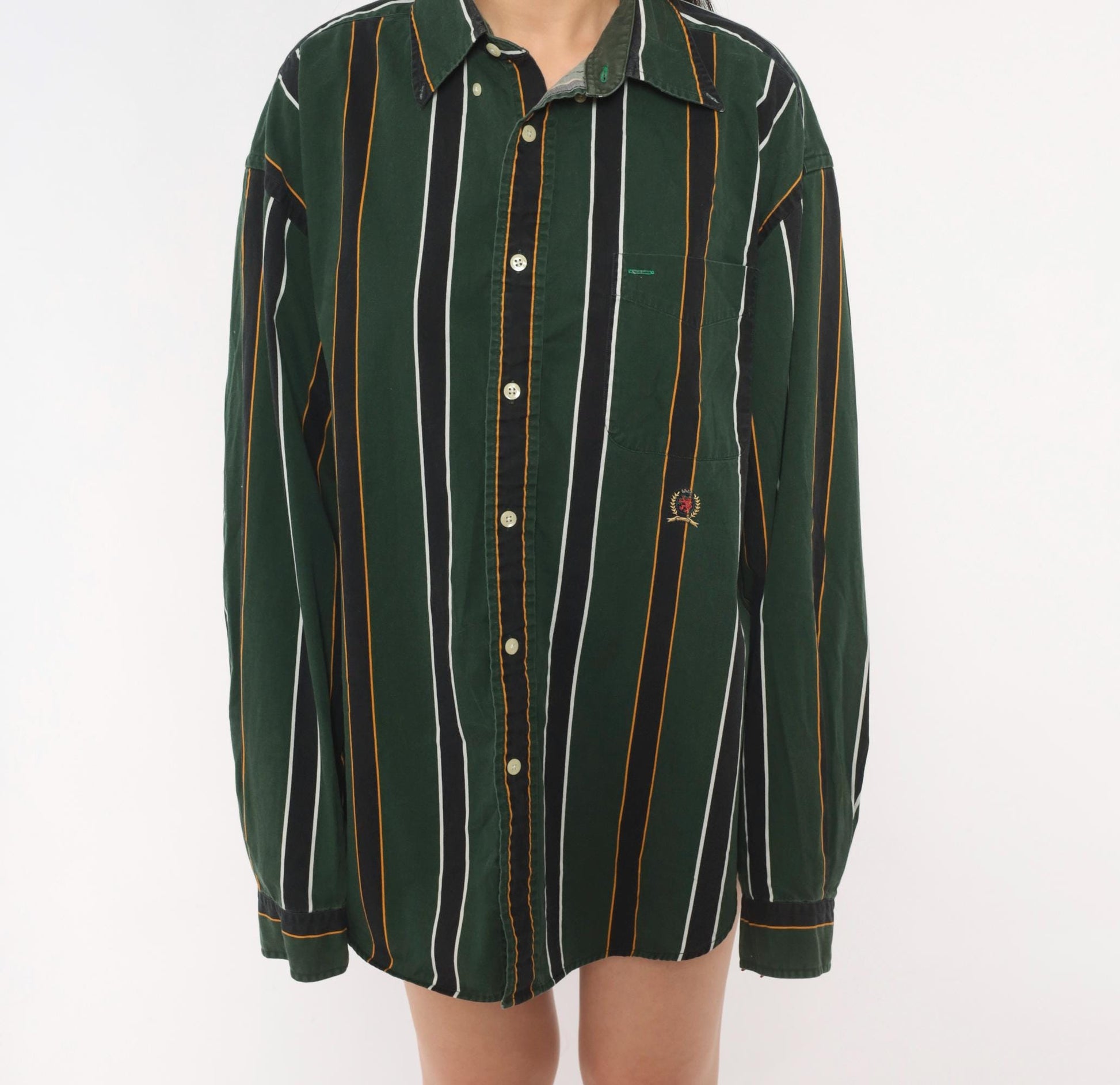Tommy Hilfiger 90s Striped Cotton Shirt Forest Green Crest Logo Large L