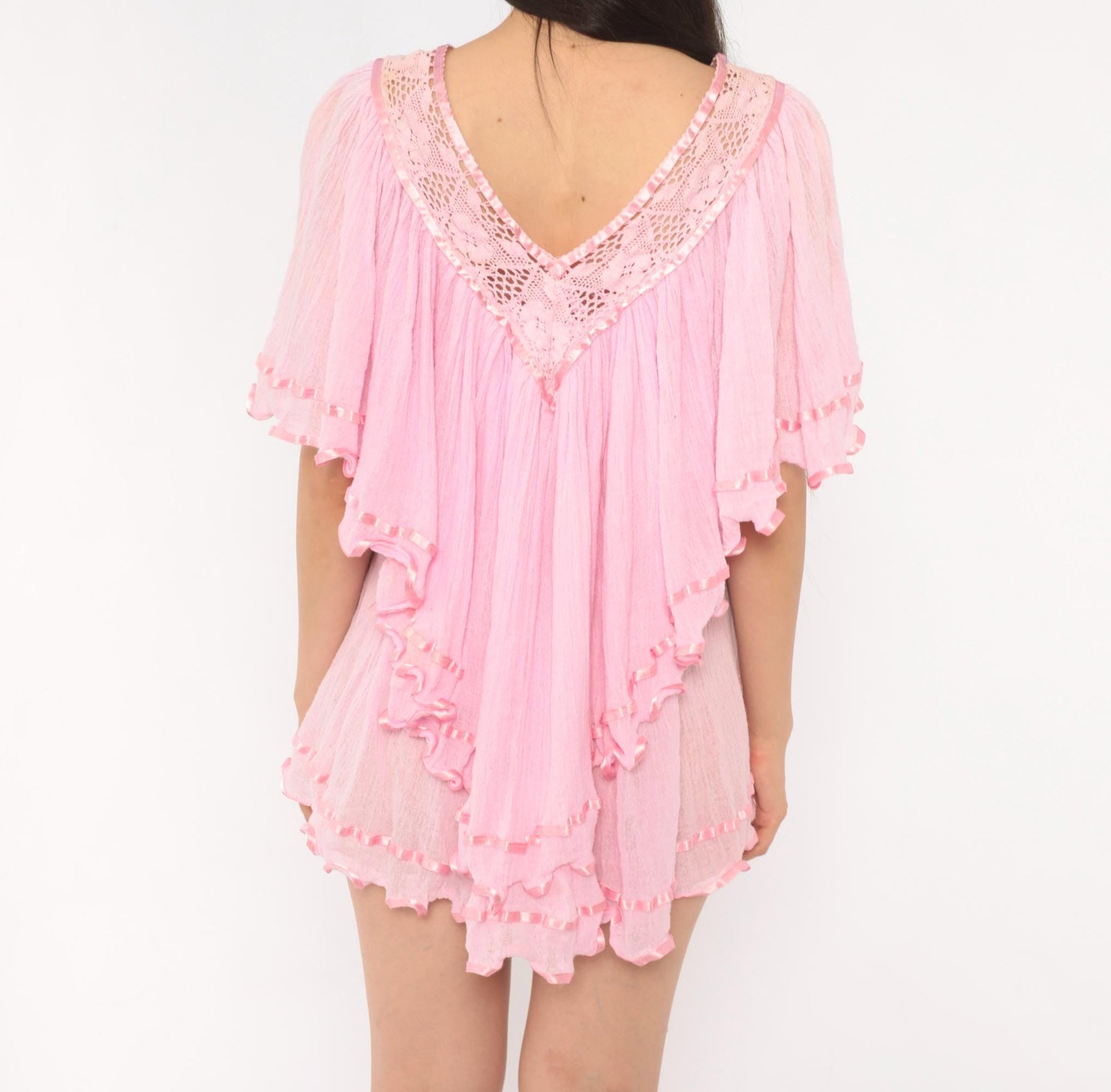 90s Pink Cotton Gauze Crochet V-Neck Blouse Ribbon Butterfly Sleeve Medium