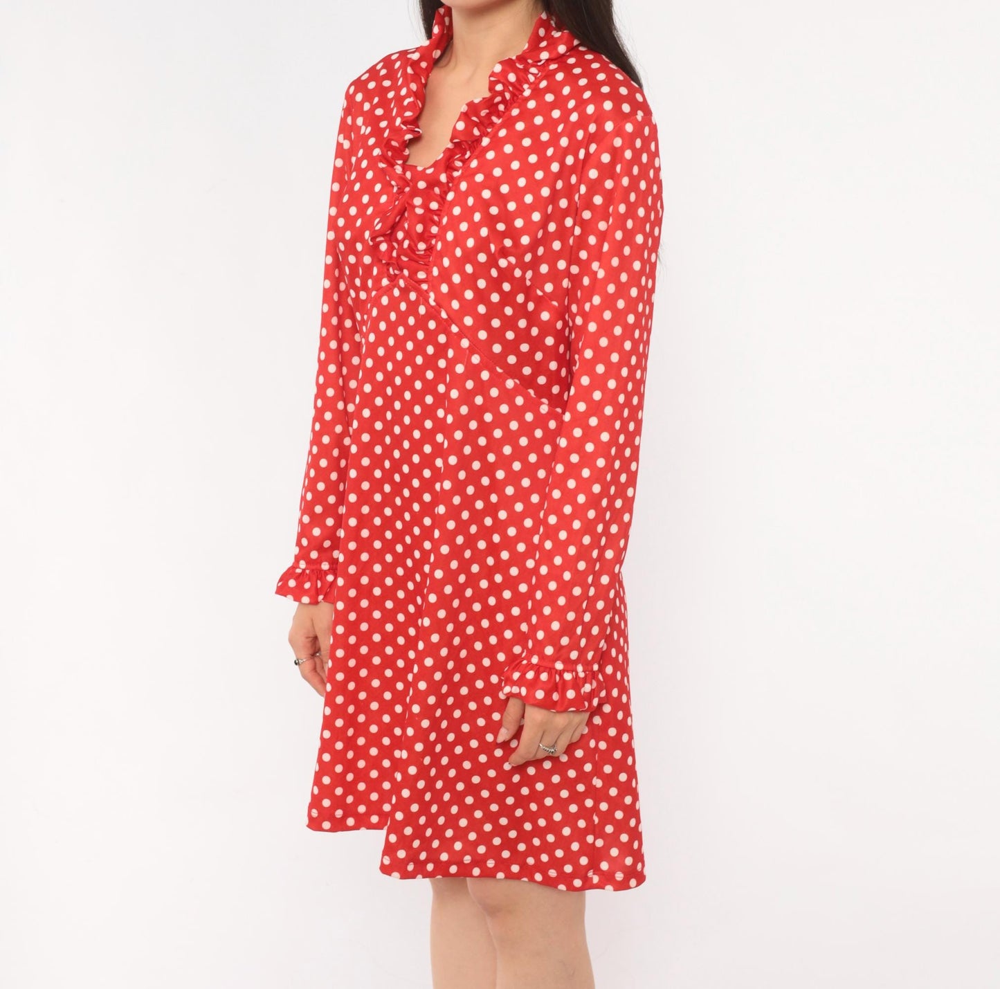 70s Red White Polka Dot Dress Long Sleeve V Neck Ruffle A Line Large