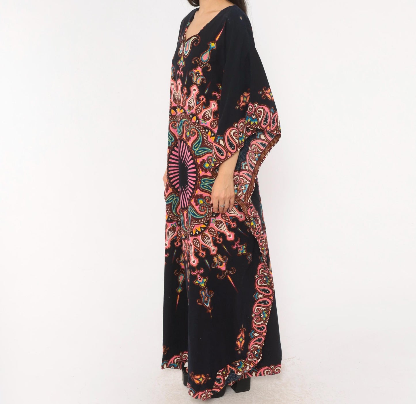 2000s Black Mandala Kaftan Paisley Print Pink V-Neck Bat Wing Maxi Dress One Size