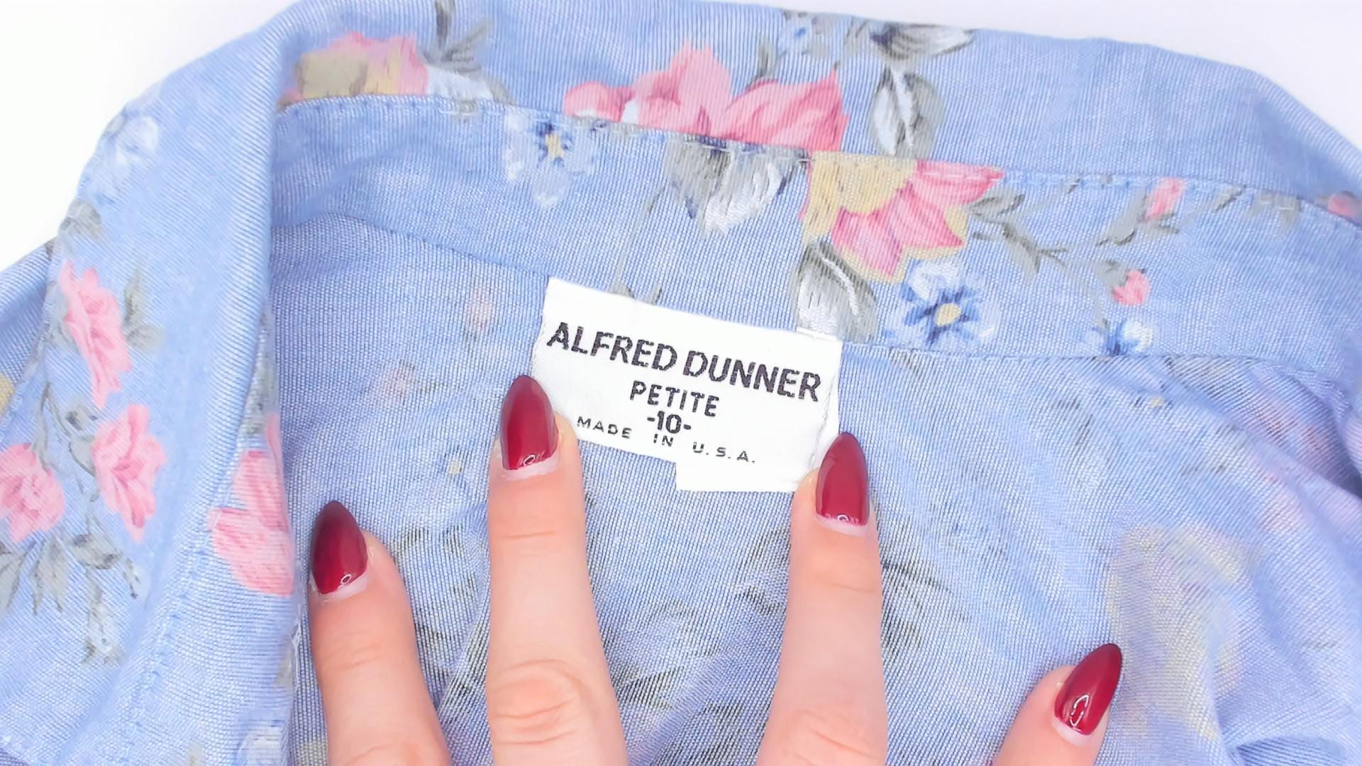 90s Alfred Dunner Floral Yoke Chambray Shirt Blue Button Front Medium