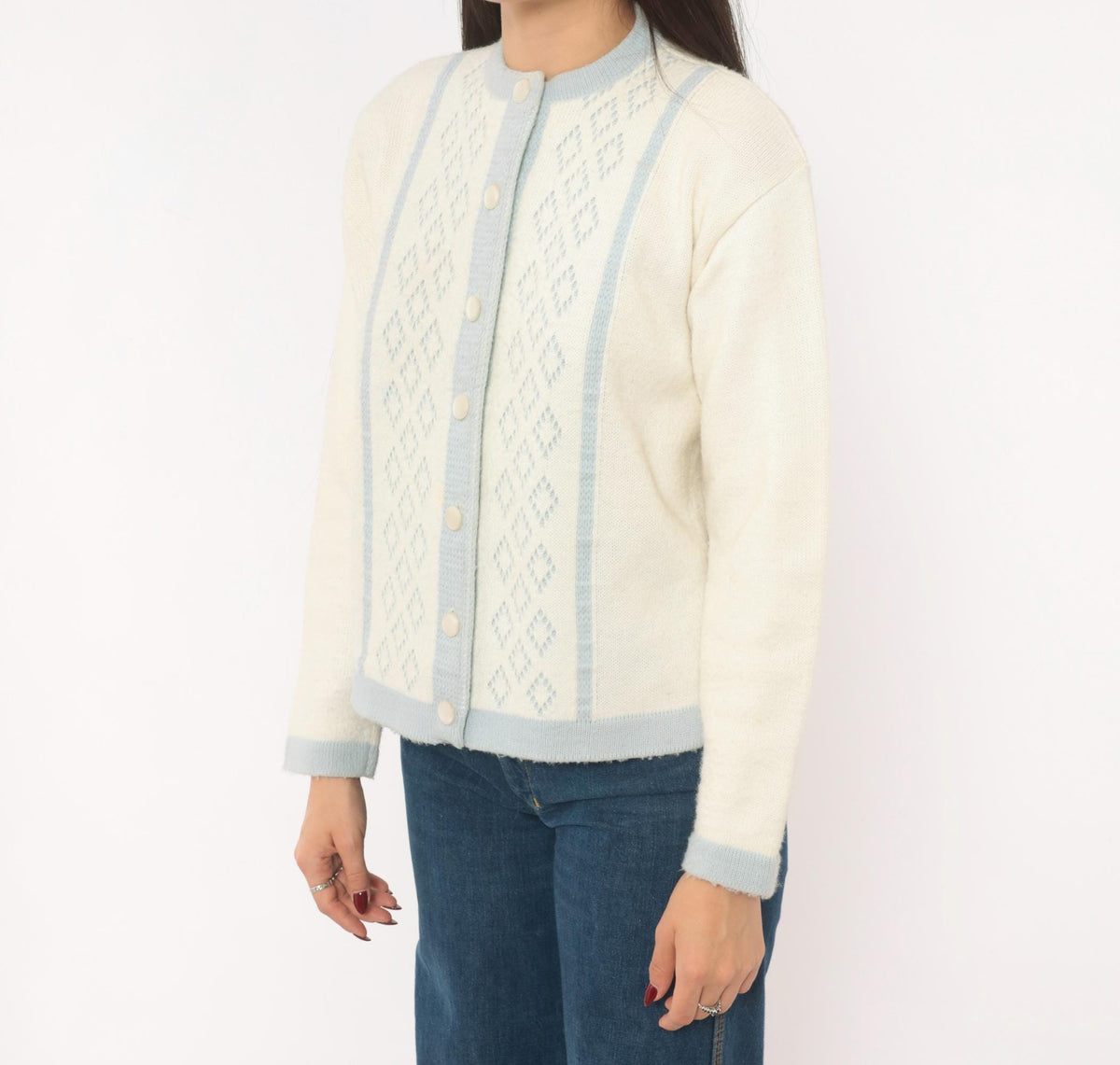 70s Mello Knit Cream Baby Blue Diamond Cardigan Button Front Medium