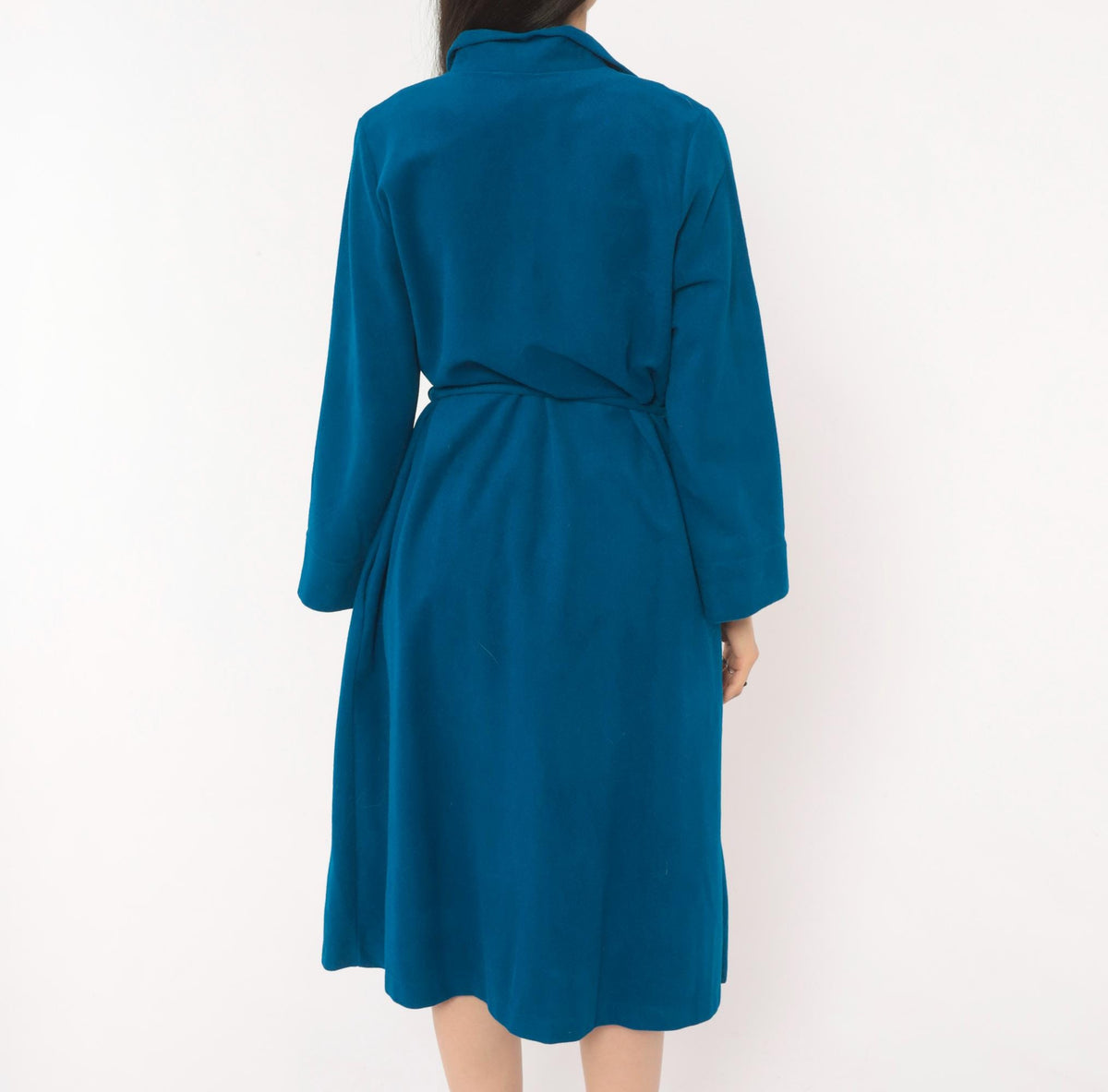 70s Vassarette Cobalt Belted Wrap Coat Knee Length Gold Buttons Medium