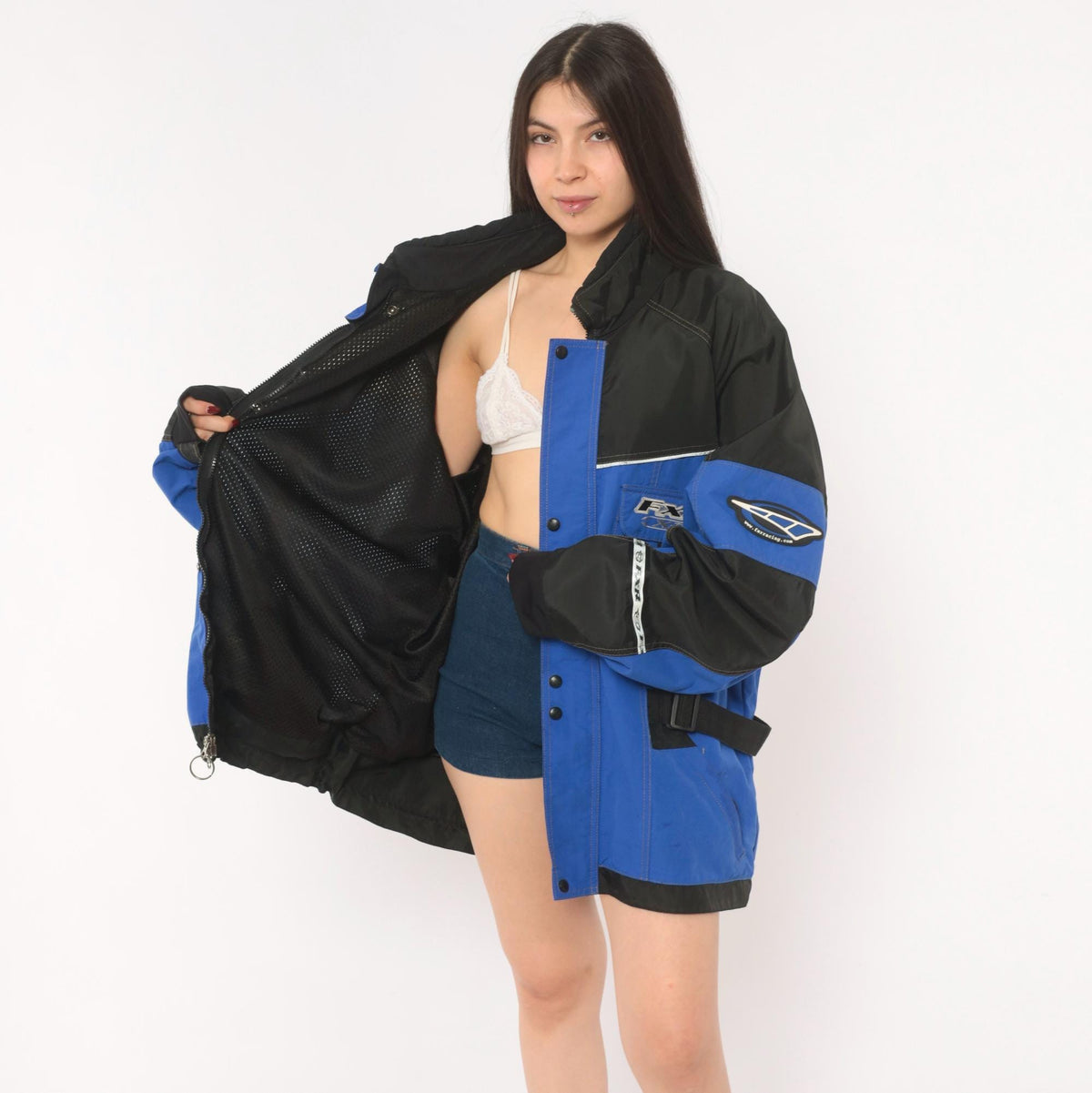 90s FXR X-Tech Snowmobile Jacket Blue Black Color Block Nylon Shell Extra Large XL