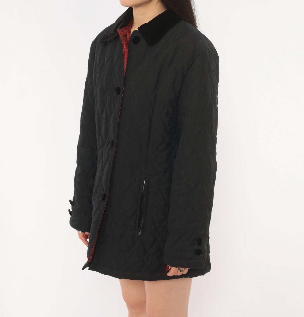90s Halston Sport Black Quilted Jacket Diamond Stitch Velvet Collar Medium M
