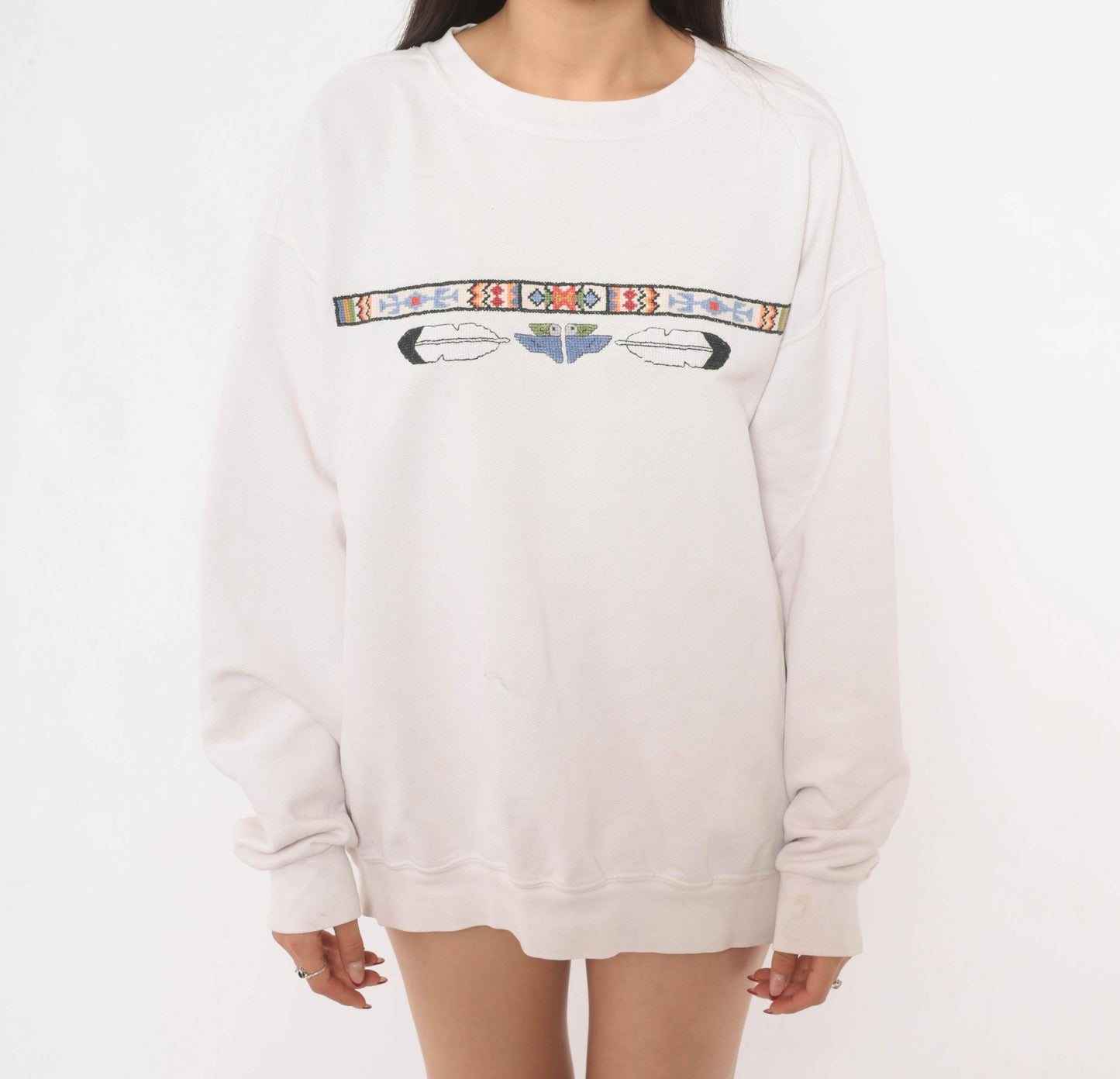 90s Sunbelt Southwestern Sweatshirt Cross Stitch Embroidered Eagle Cream Cotton Large