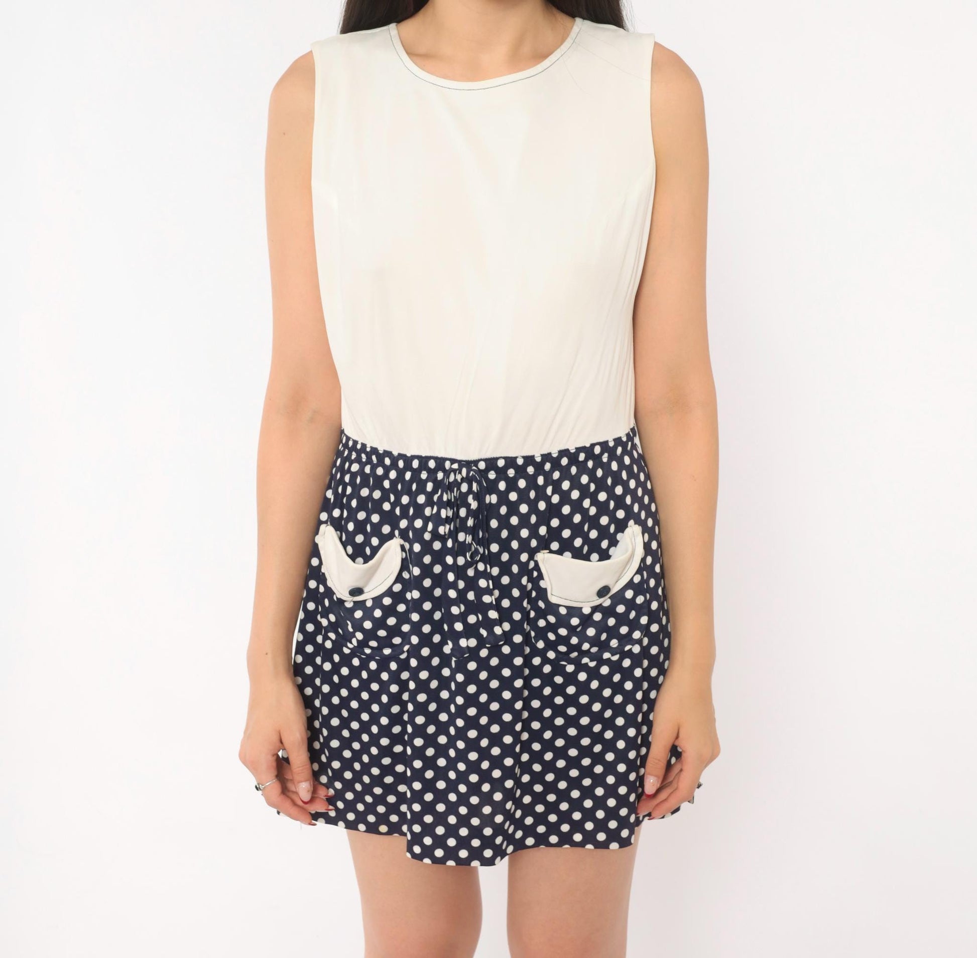 60s Jerell Two-Tone Polka Dot Mini Dress Navy Cream Mod Shift Medium M