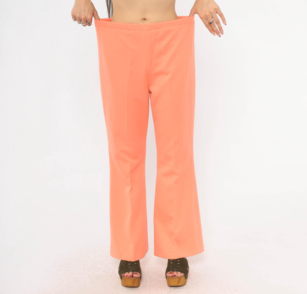 70s Peach Flare Pants High Rise Bell Bottom Trousers Knit Large L