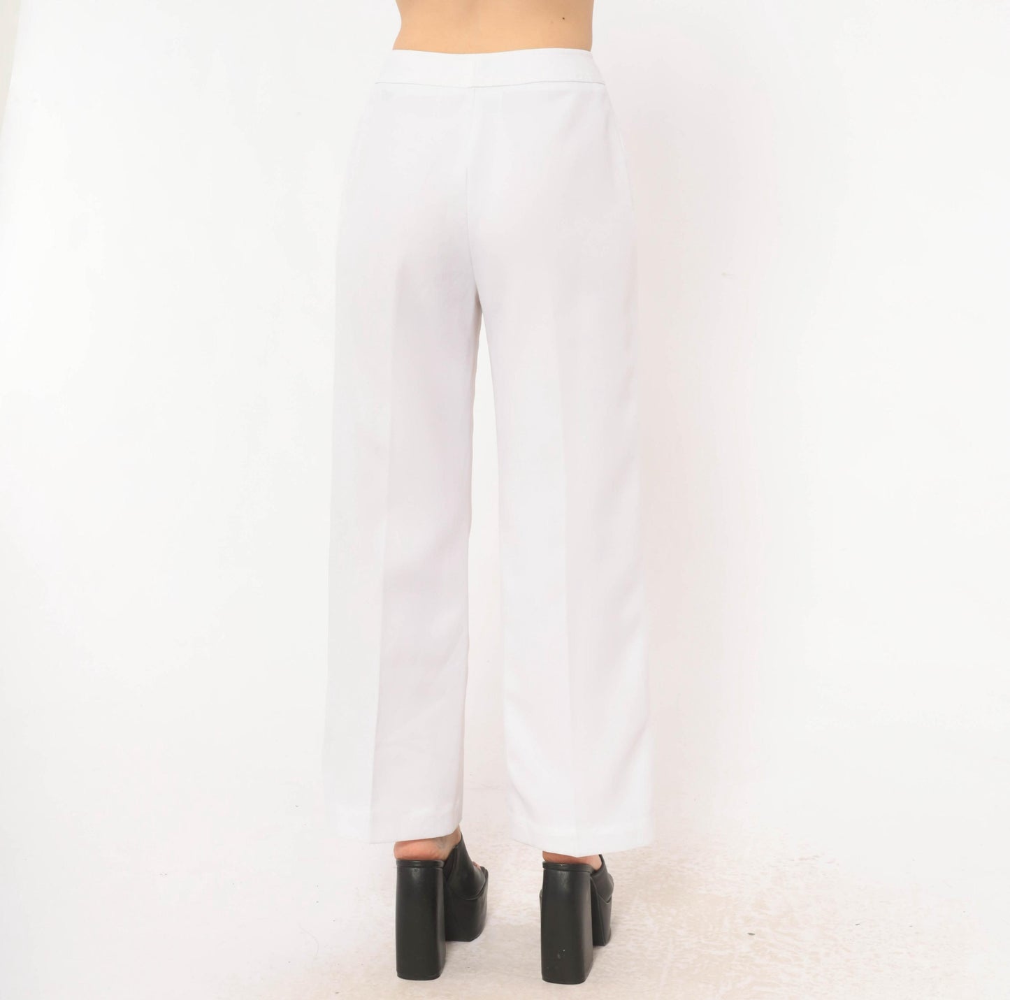 70s White Wide Leg High Rise Trousers Ivory Straight Pressed Crease Small