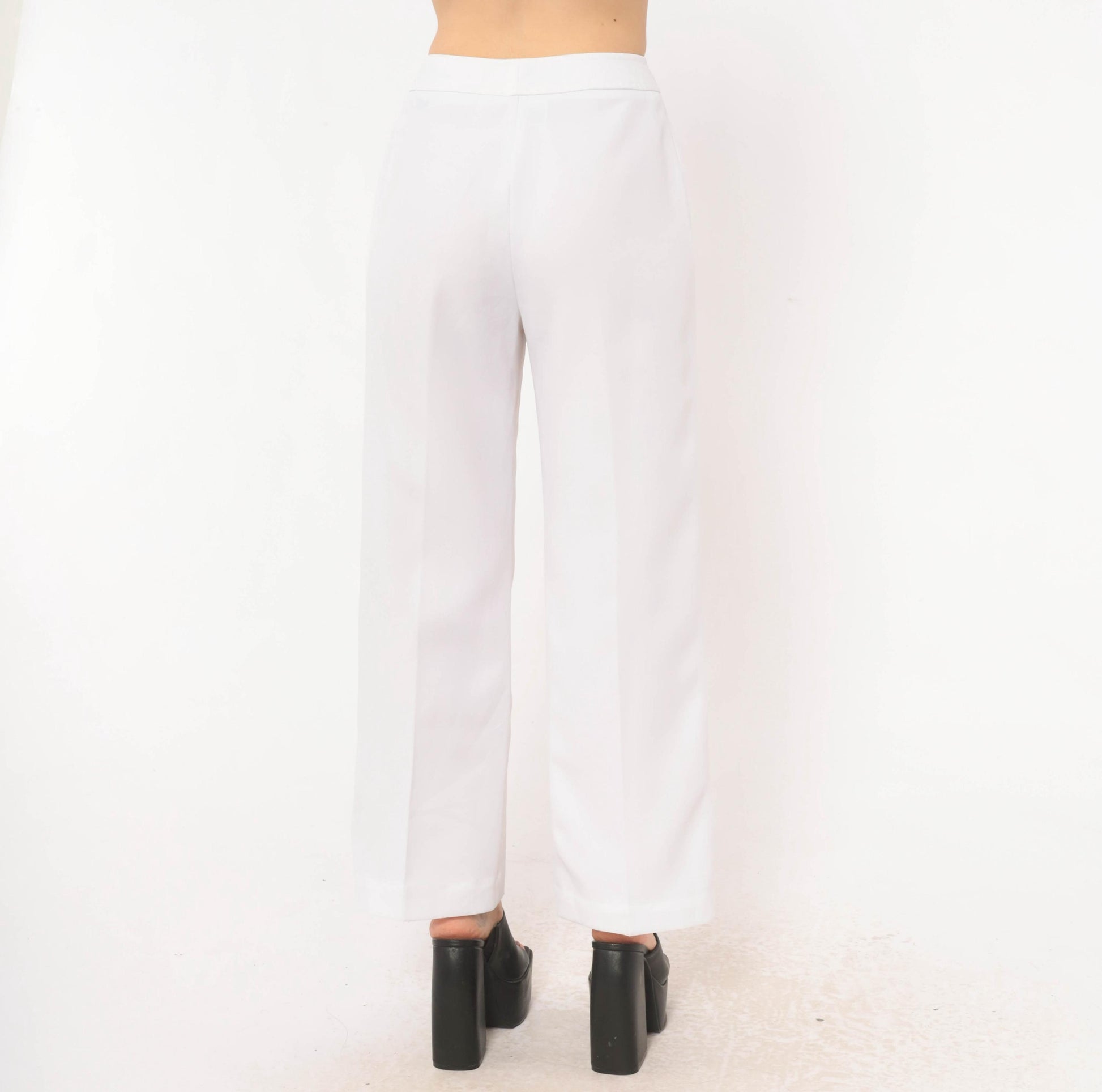 70s White Wide Leg High Rise Trousers Ivory Straight Pressed Crease Small
