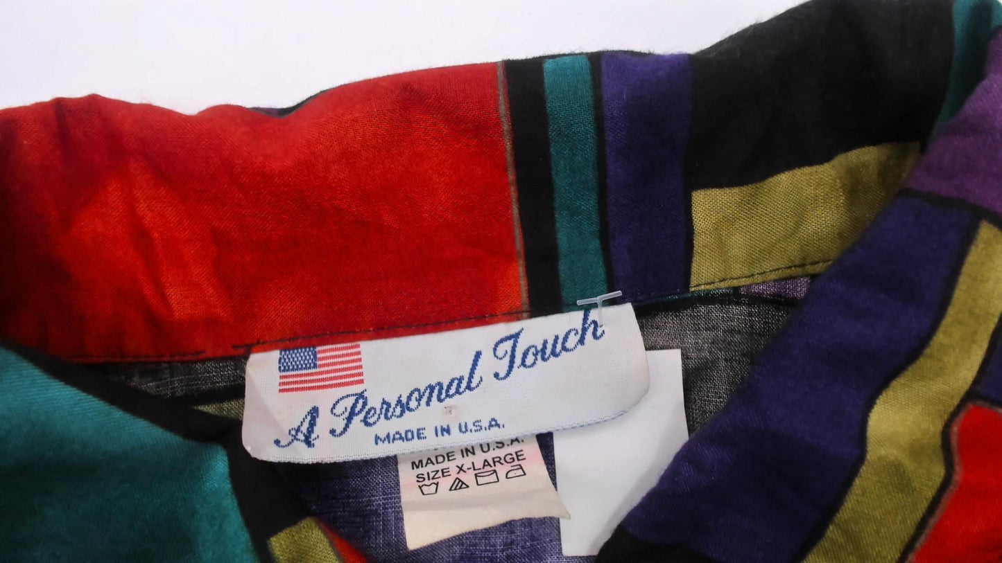 90s A Personal Touch Color Block Abstract Shirt Purple Teal Red Gold Extra Large XL