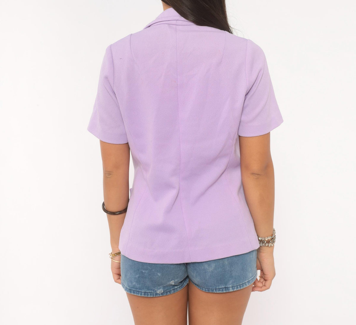 70s Lilac Button Front Blazer Short Sleeve Notched Lapel Fitted Waist Medium