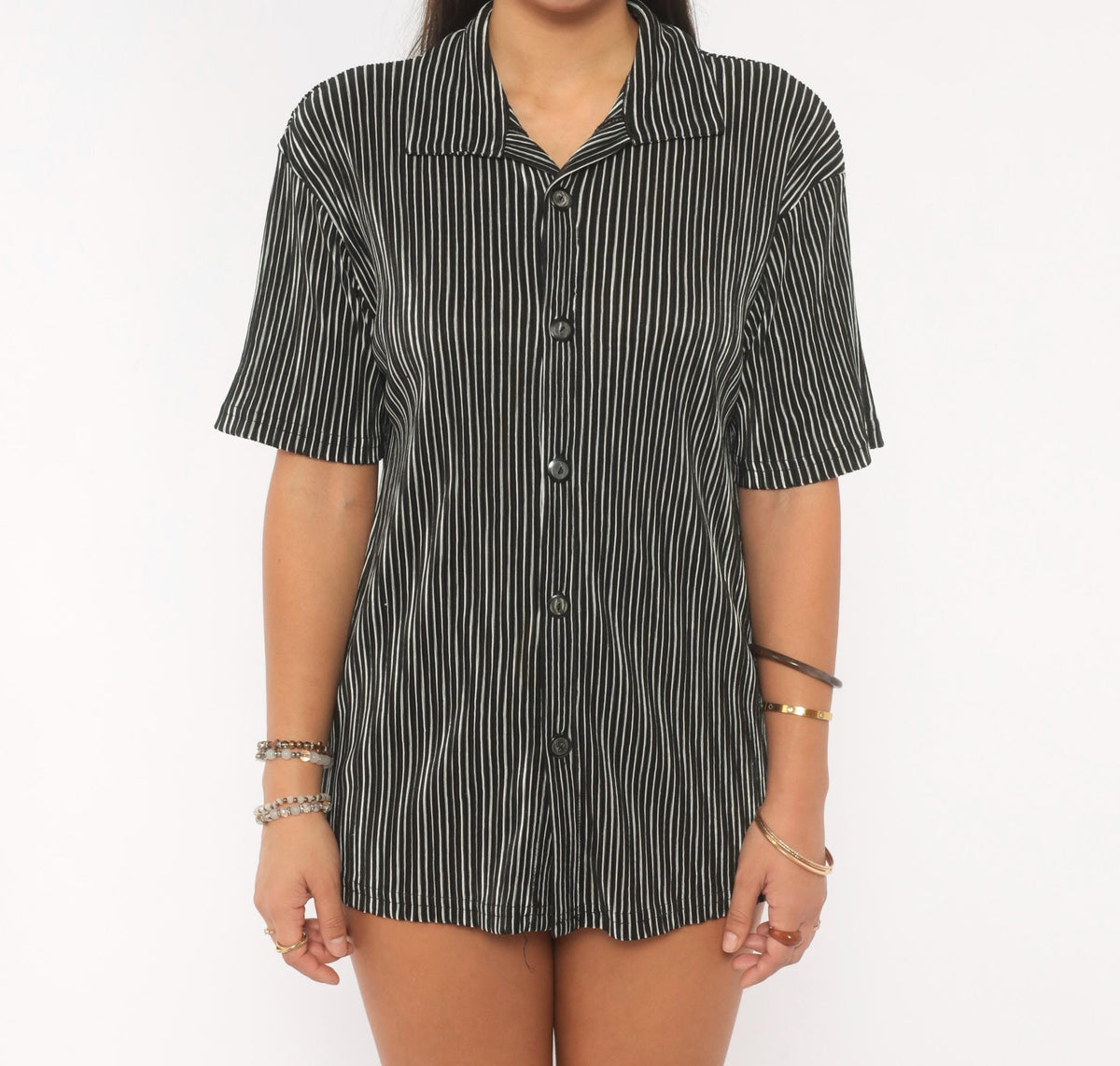 Y2K Black Pinstripe Button Up Camp Collar Shirt White Stripe Short Sleeve Small