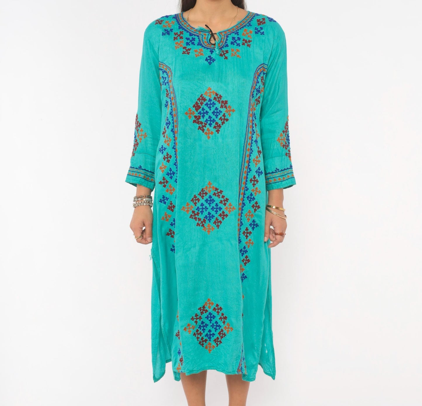 Y2K Teal Cotton Kaftan Embroidered Cross Stitch Diamond Tunic Dress Medium M