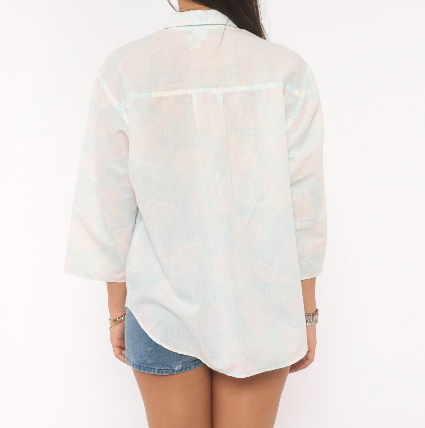 90s Alais Pastel Watercolor Button-Up Blouse Pink Blue Cotton Medium M