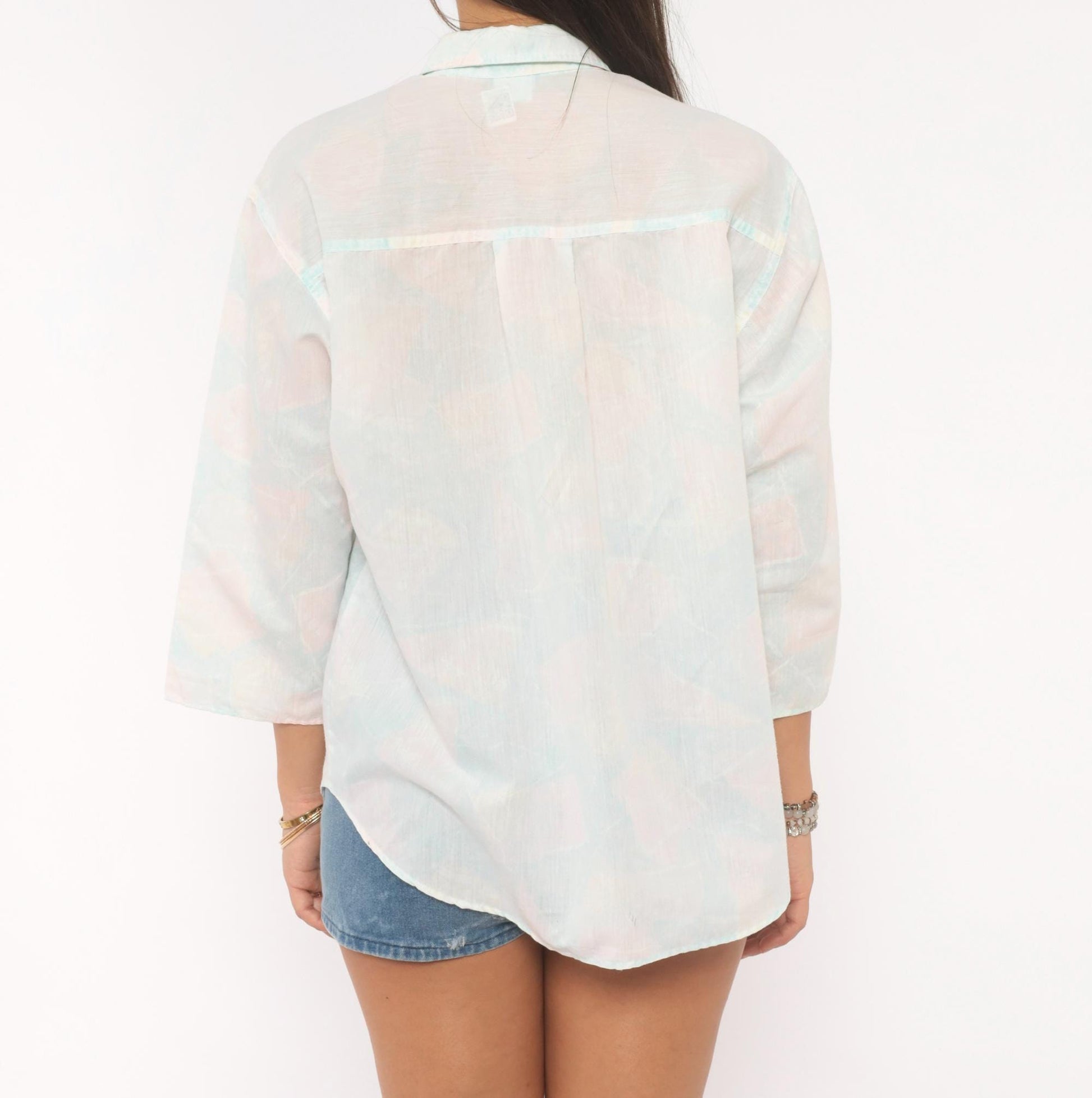 90s Alais Pastel Watercolor Button-Up Blouse Pink Blue Cotton Medium M