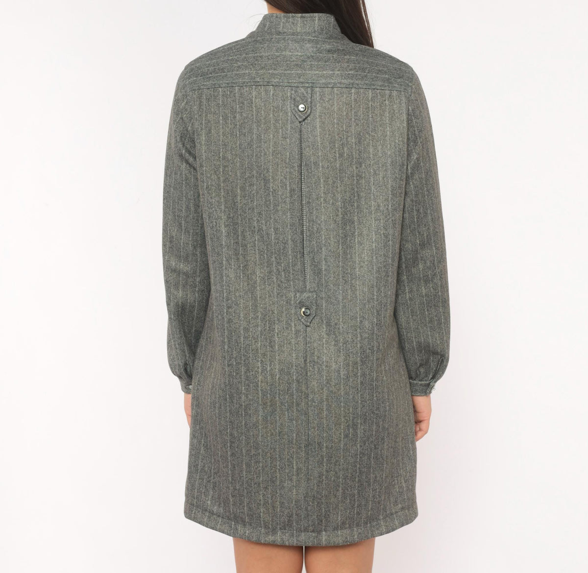 60s Tina's Pinstripe Shirt Dress Grey Mandarin Collar Medium M