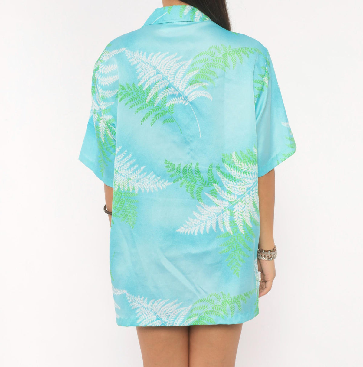 90s Malihini Hawaiian Shirt Fern Print Aqua Blue Green Leaf Camp Collar Medium