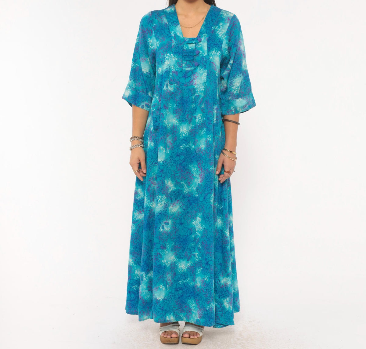 70s Psychedelic Floral Maxi Dress Blue Purple Teal Cotton Square Neck Medium