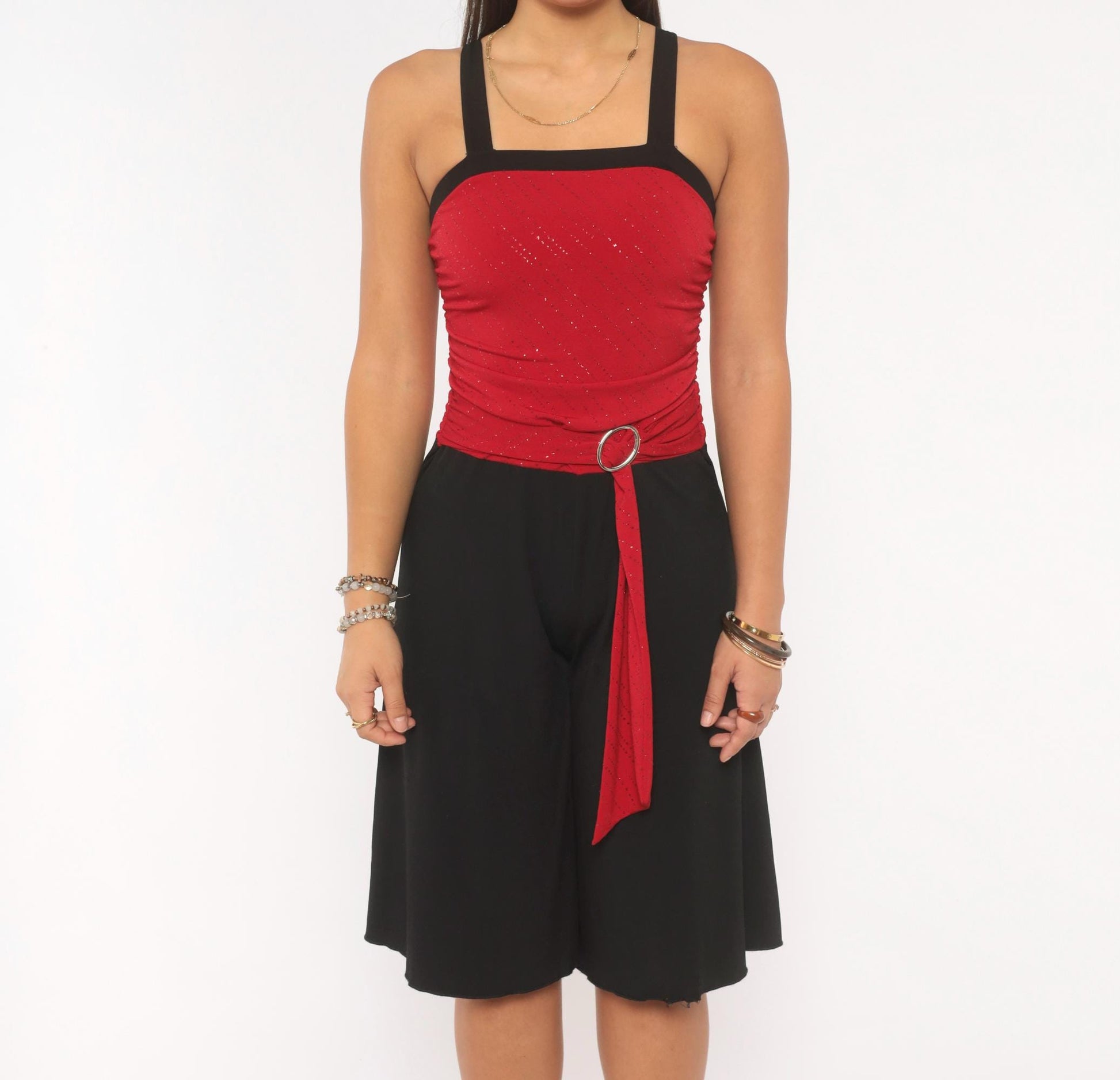 Y2K Byergirl Red Glitter Black Wide-Leg Jumpsuit Ruched Bodice XS