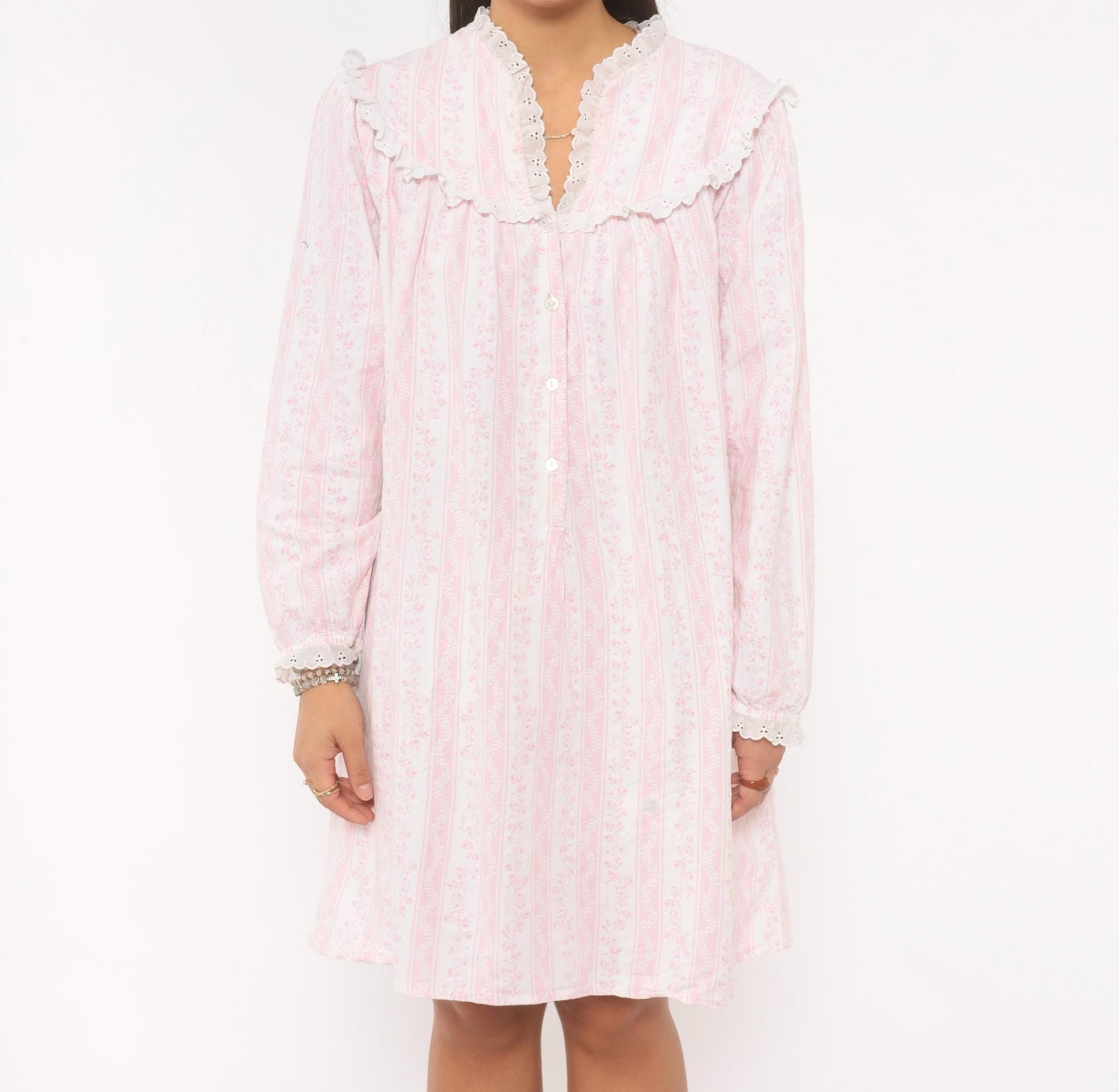 80s Larz of Salzbury Pink Floral Striped Cotton Nightgown Small