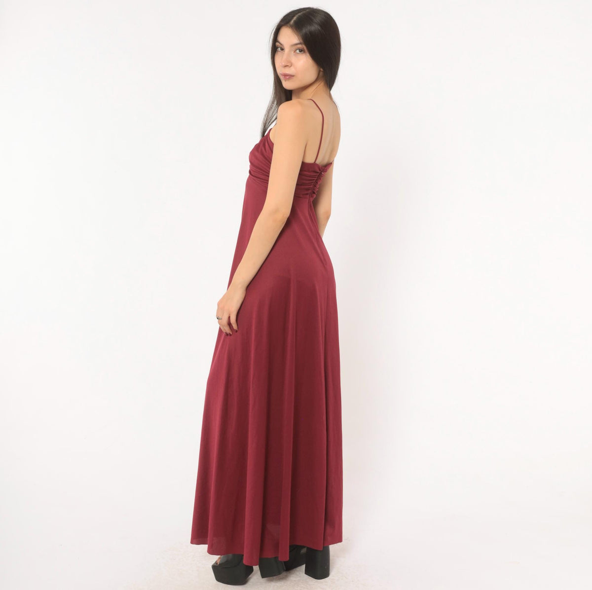 70s Burgundy Maxi Dress Sweetheart Neckline Empire Waist Spaghetti Strap Small