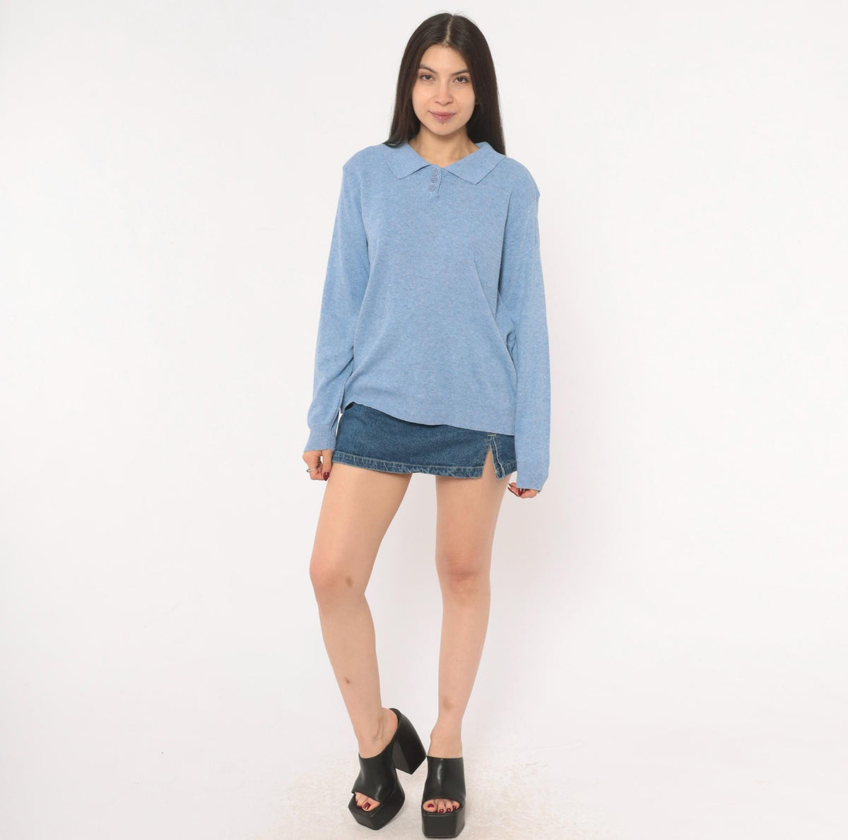 90s Blair Powder Blue Polo Sweater Knit Collar Button Pullover Medium