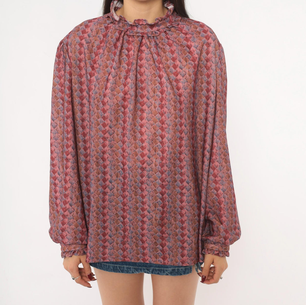 70s La Grande Petite Diamond Harlequin Blouse Ruffle Neck Puff Sleeve Dusty Rose Extra Large