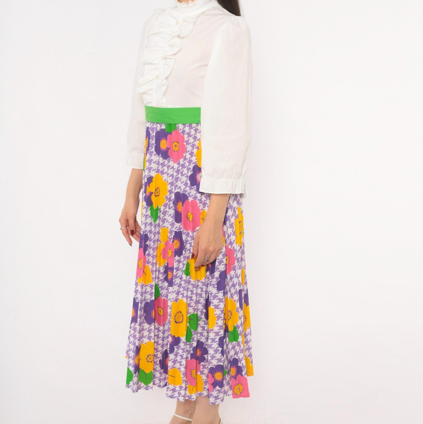 70s Growing Girl Floral Midi Dress Puff Sleeve High Neck White Purple Pink Extra Small XS