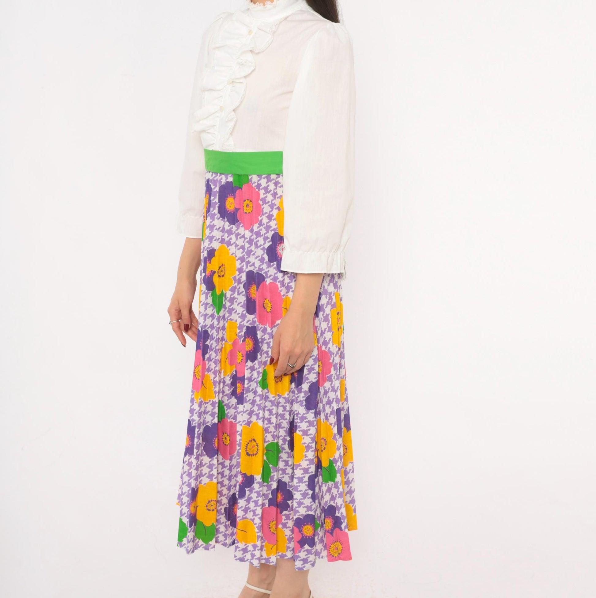70s Growing Girl Floral Midi Dress Puff Sleeve High Neck White Purple Pink Extra Small XS