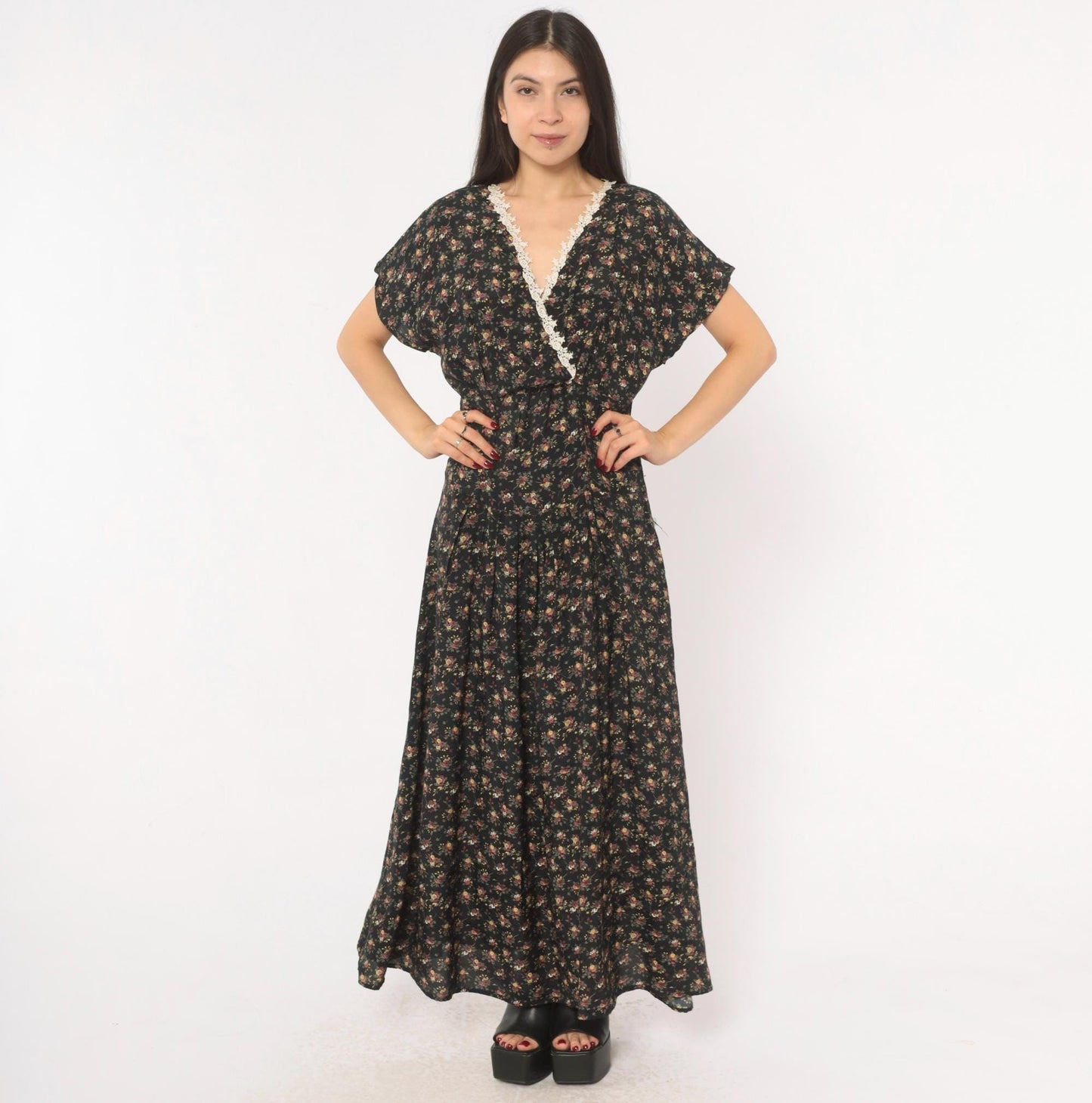 90s Ariana Black Floral Maxi Dress V-Neck Wrap Lace Trim Flutter Sleeve Large L