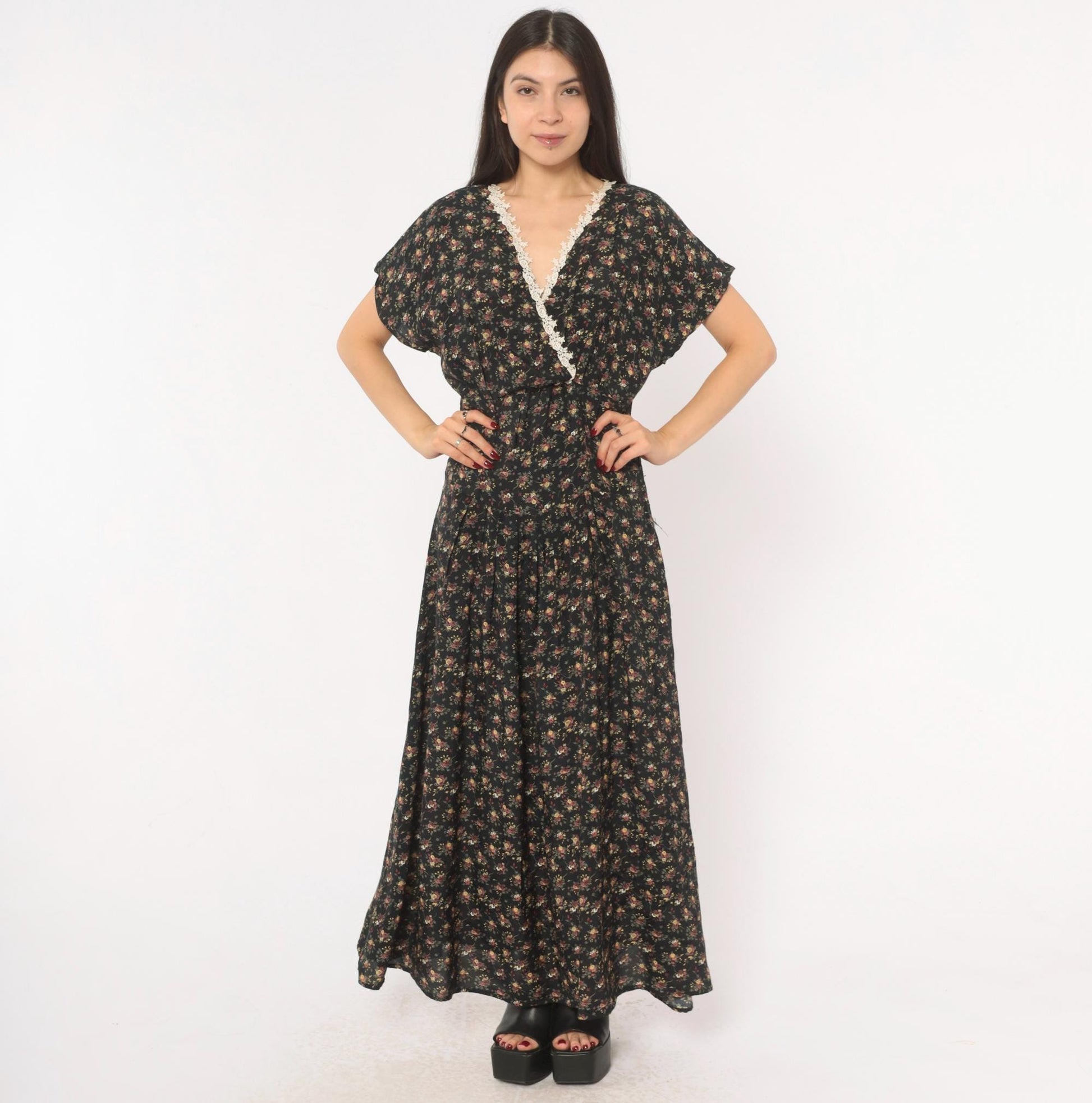 90s Ariana Black Floral Maxi Dress V-Neck Wrap Lace Trim Flutter Sleeve Large L
