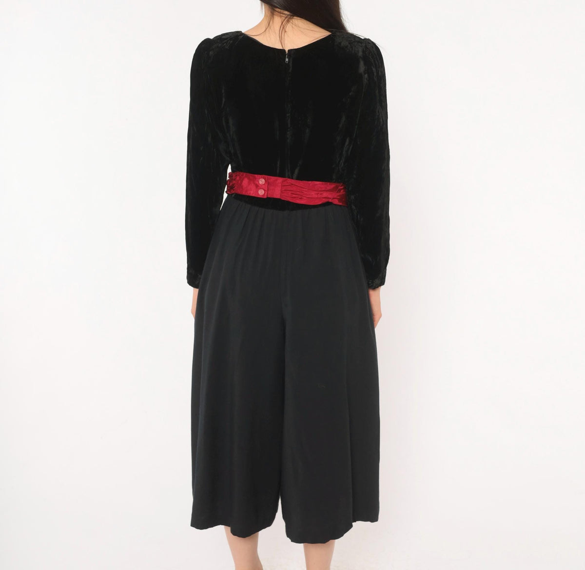 90s Petite Lanz Black Velvet Jumpsuit Burgundy Sash Puff Sleeve Small S