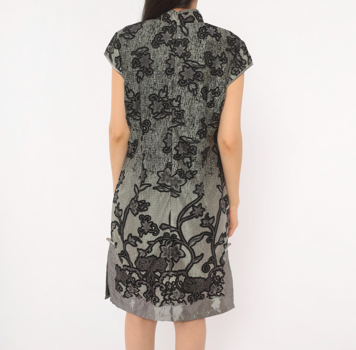 90s Grey Cheongsam Dress Black Floral Embroidered Qipao Mandarin Collar Medium M