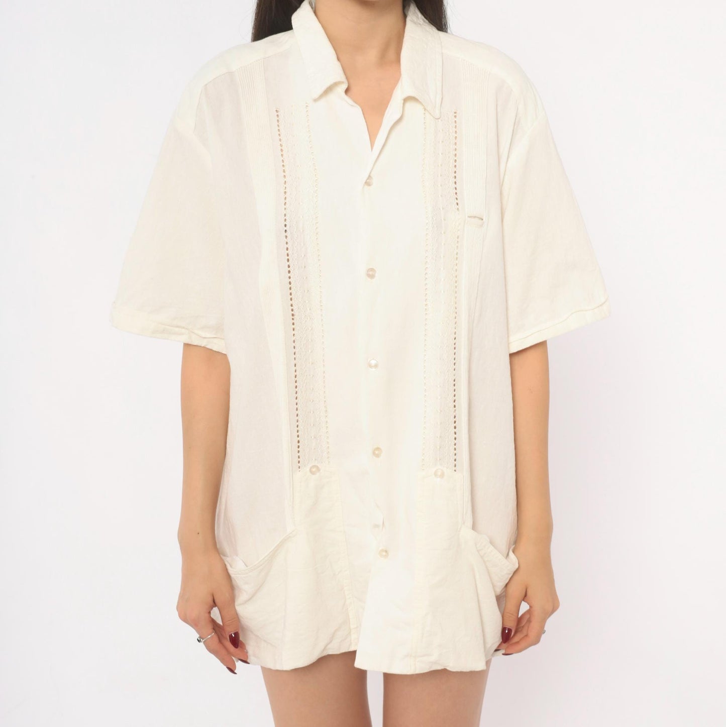 90s Cream Cotton Camp Shirt Pintuck Lace Panel Ivory Mens Large L