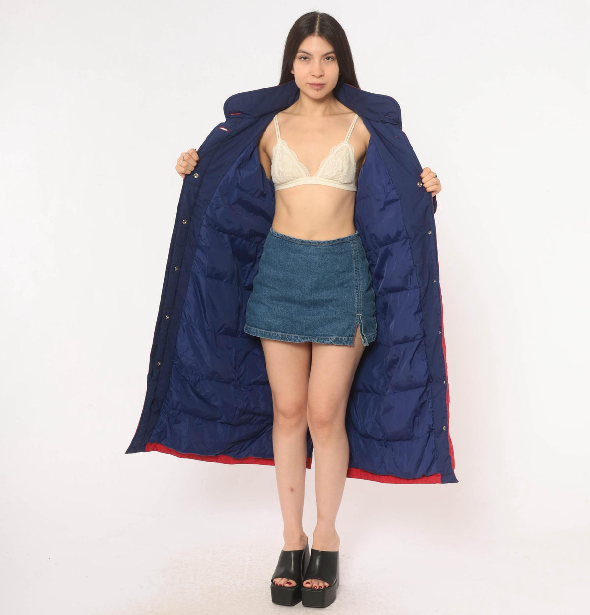 80s Red Duck Down Parka Long Hooded Coat Navy Trim Small S