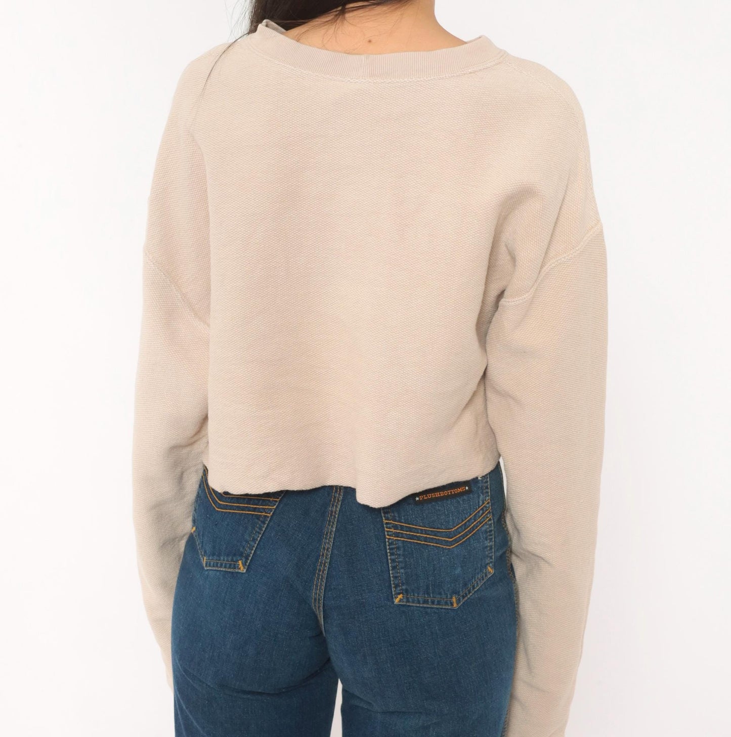 90s Lands' End Cropped Sweatshirt Tan Cotton Raglan Small