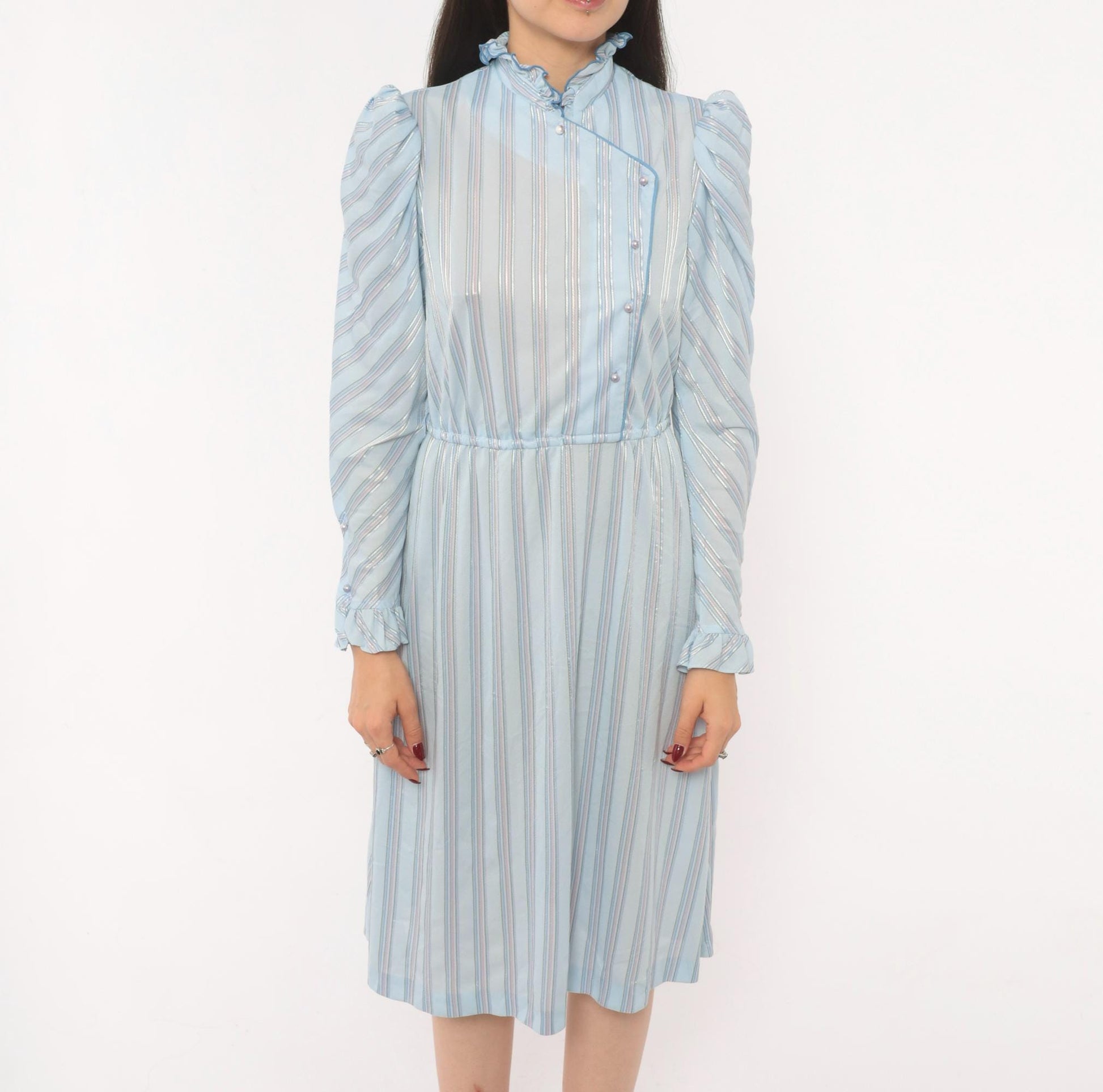 80s Jerri Gee Striped Puff Sleeve Dress Pearl Buttons Ruffled Collar Sky Blue Small