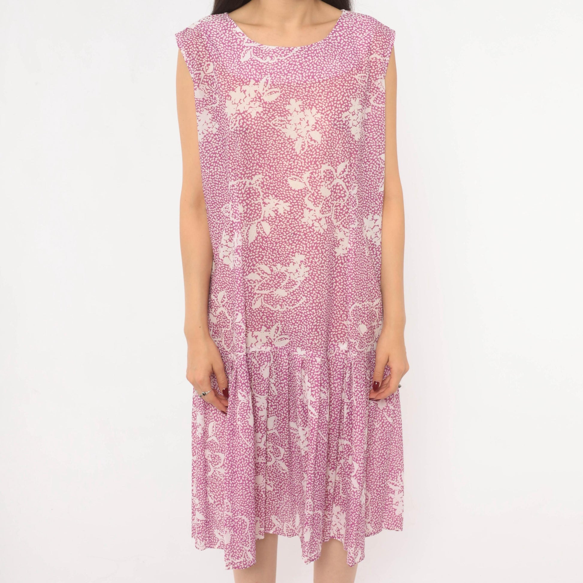 80s California Looks Floral Drop Waist Dress Purple White Knee Length XL