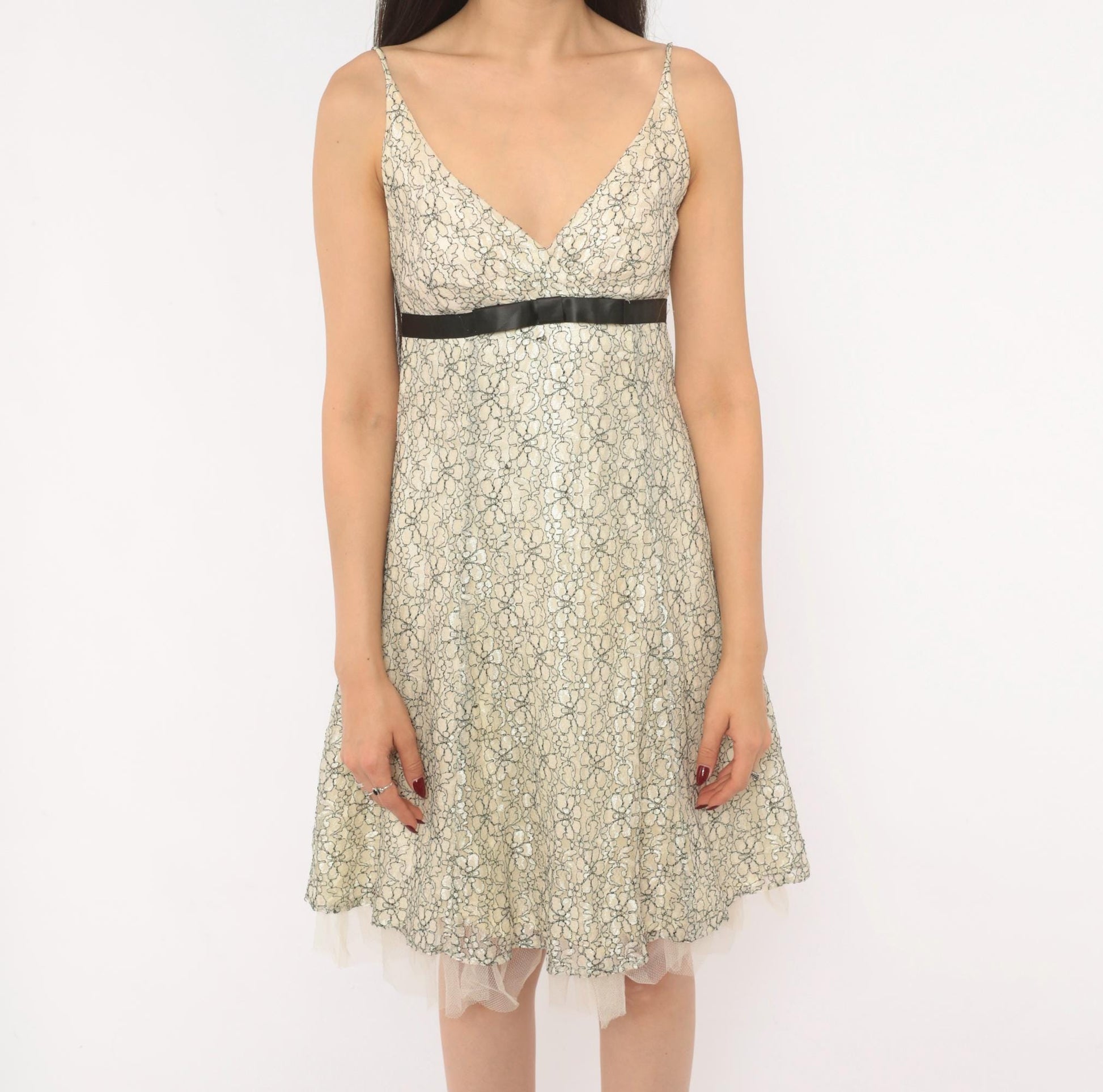Y2K Intrigue Lace Floral Sundress Cream Black Satin Ribbon Empire Waist Extra Small XS