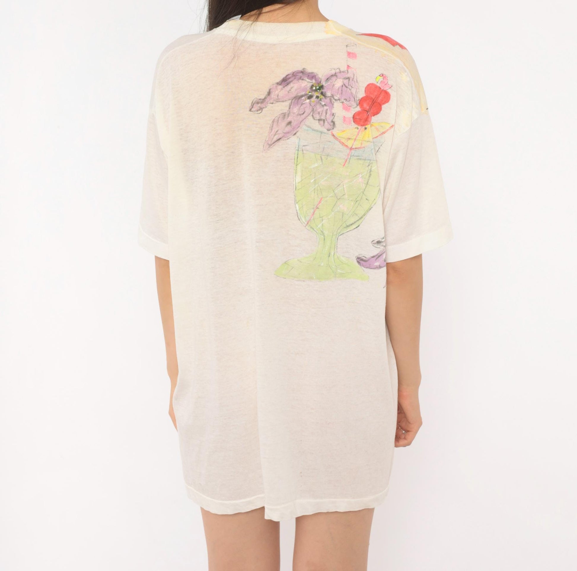 80s Hand-Painted Bikini Woman Tropical Cocktail Graphic Tee Cream Small
