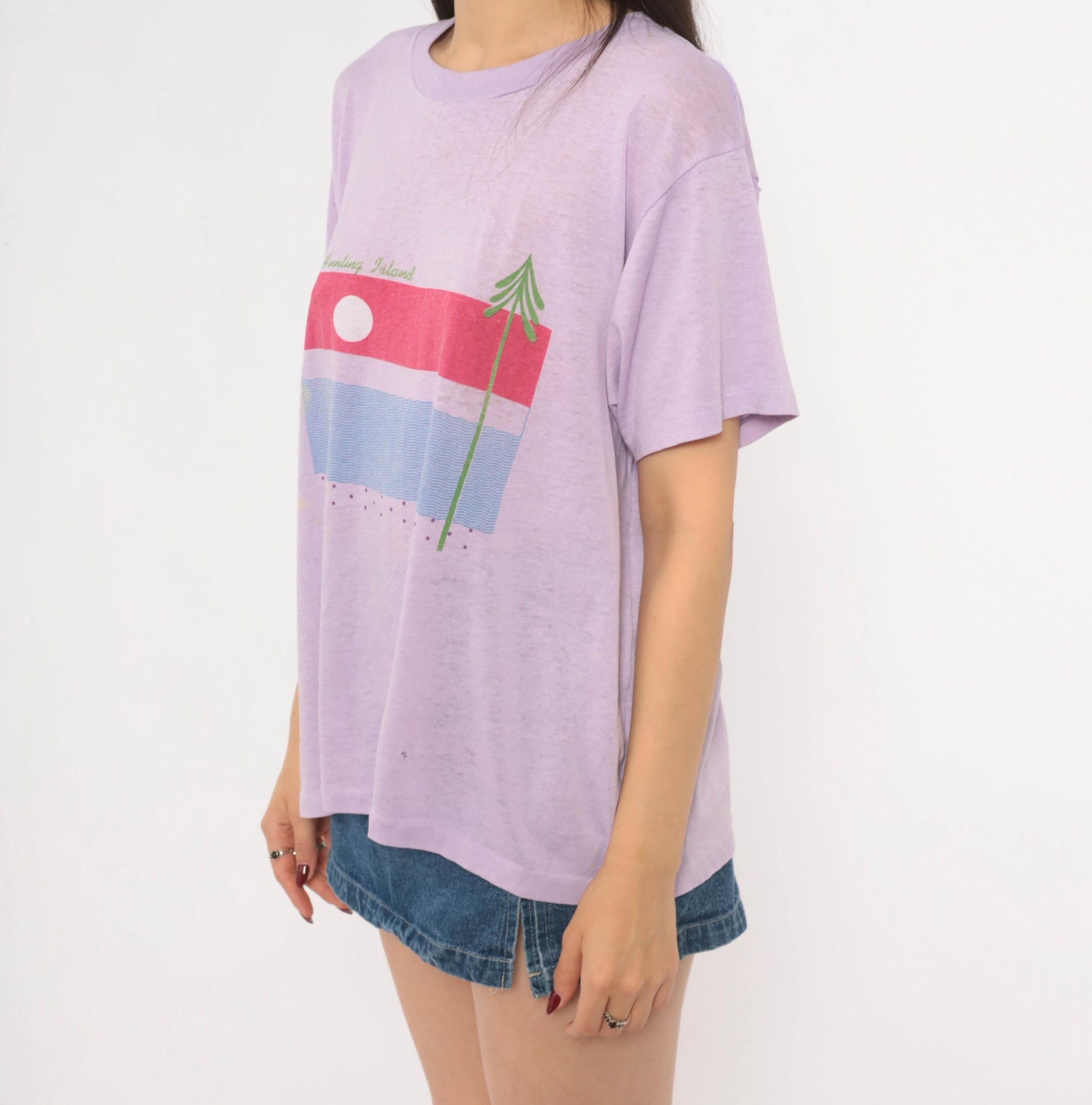 80s Hunting Island Graphic Tee Lilac Purple Sunset Beach Cotton Extra Large XL