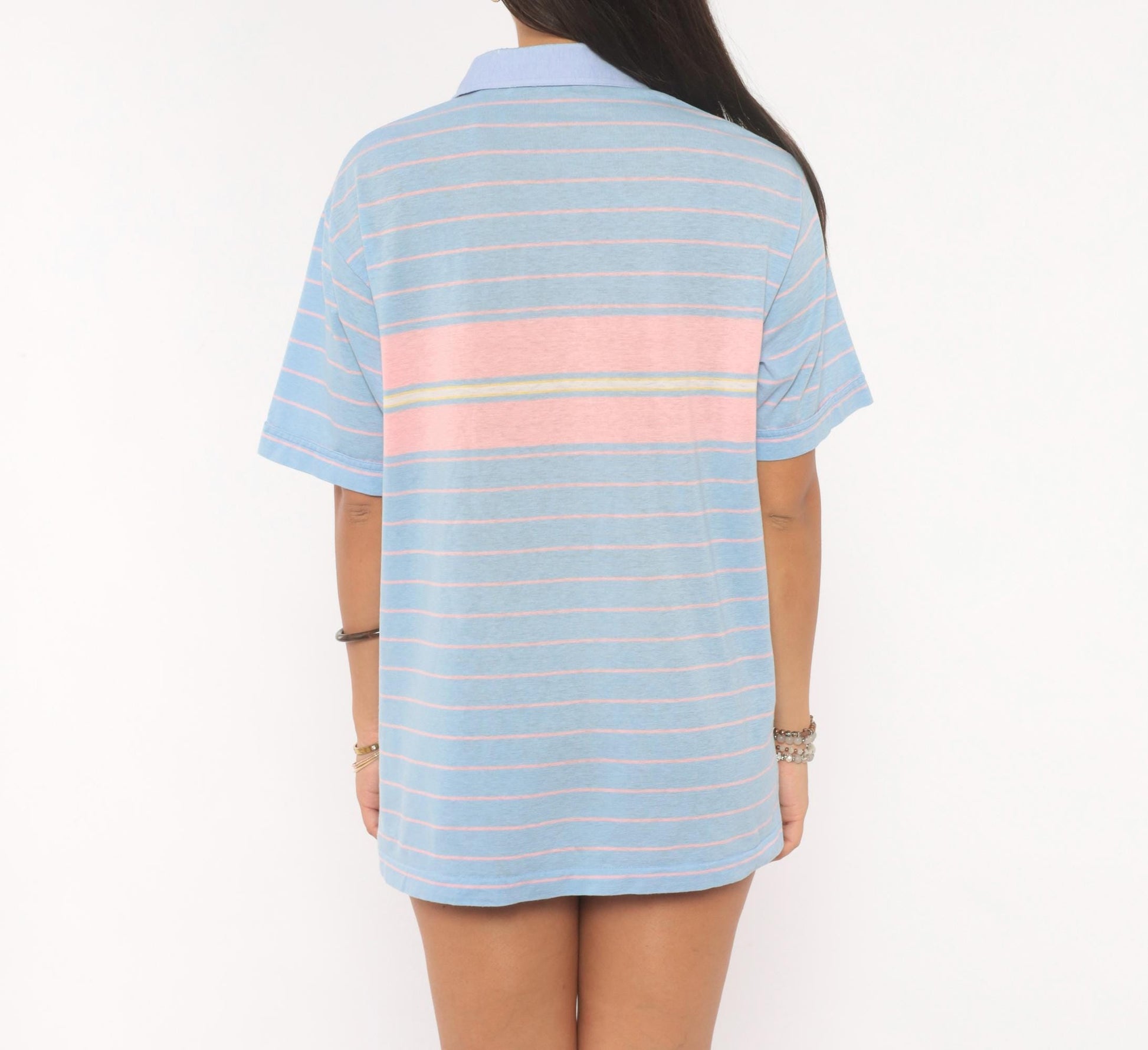80s Par Four Striped Polo Shirt Blue Pink Chest Pocket Medium