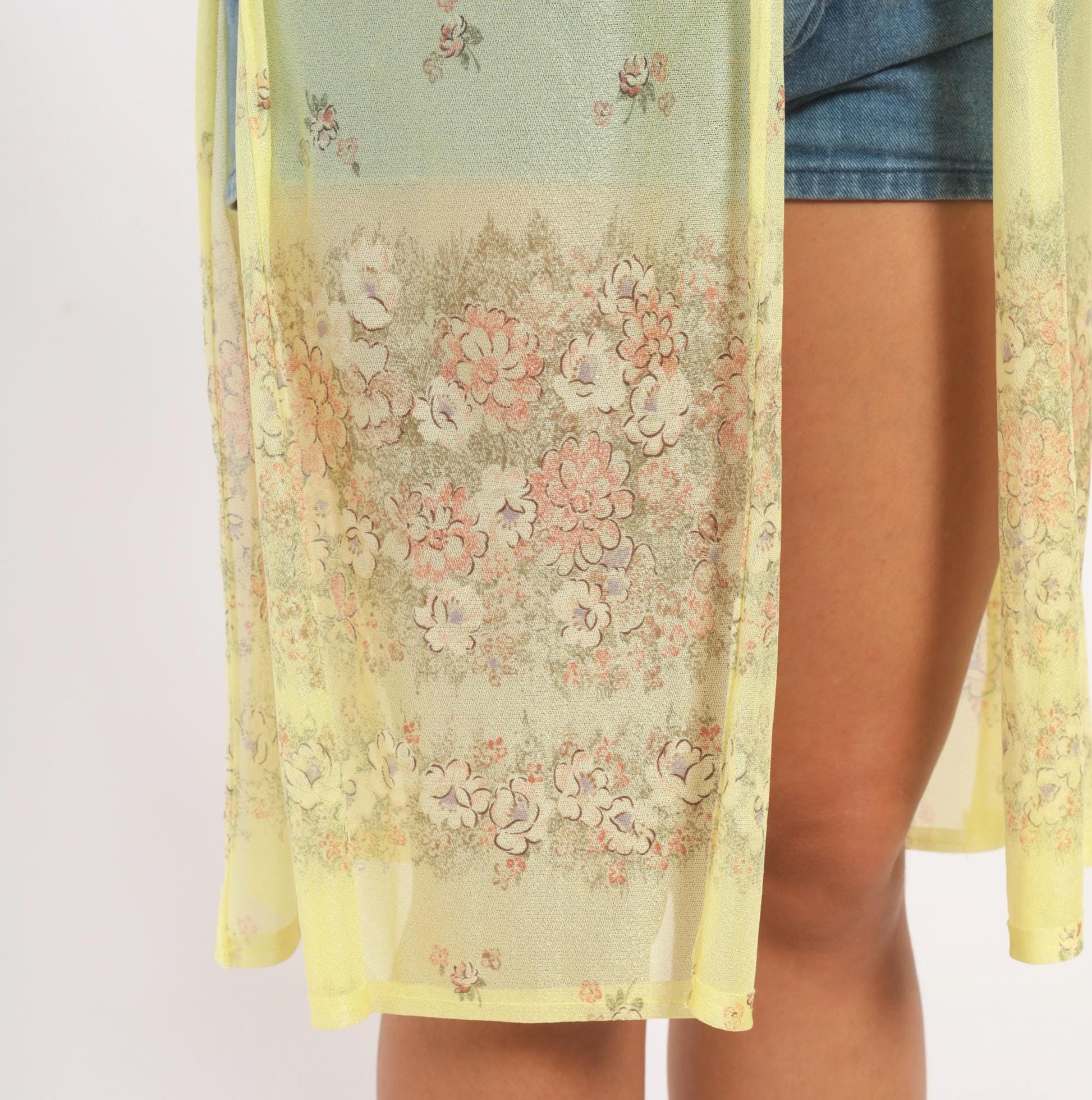 70s Yellow Sheer Floral Duster Cardigan Cap Sleeve Knee-Length Small